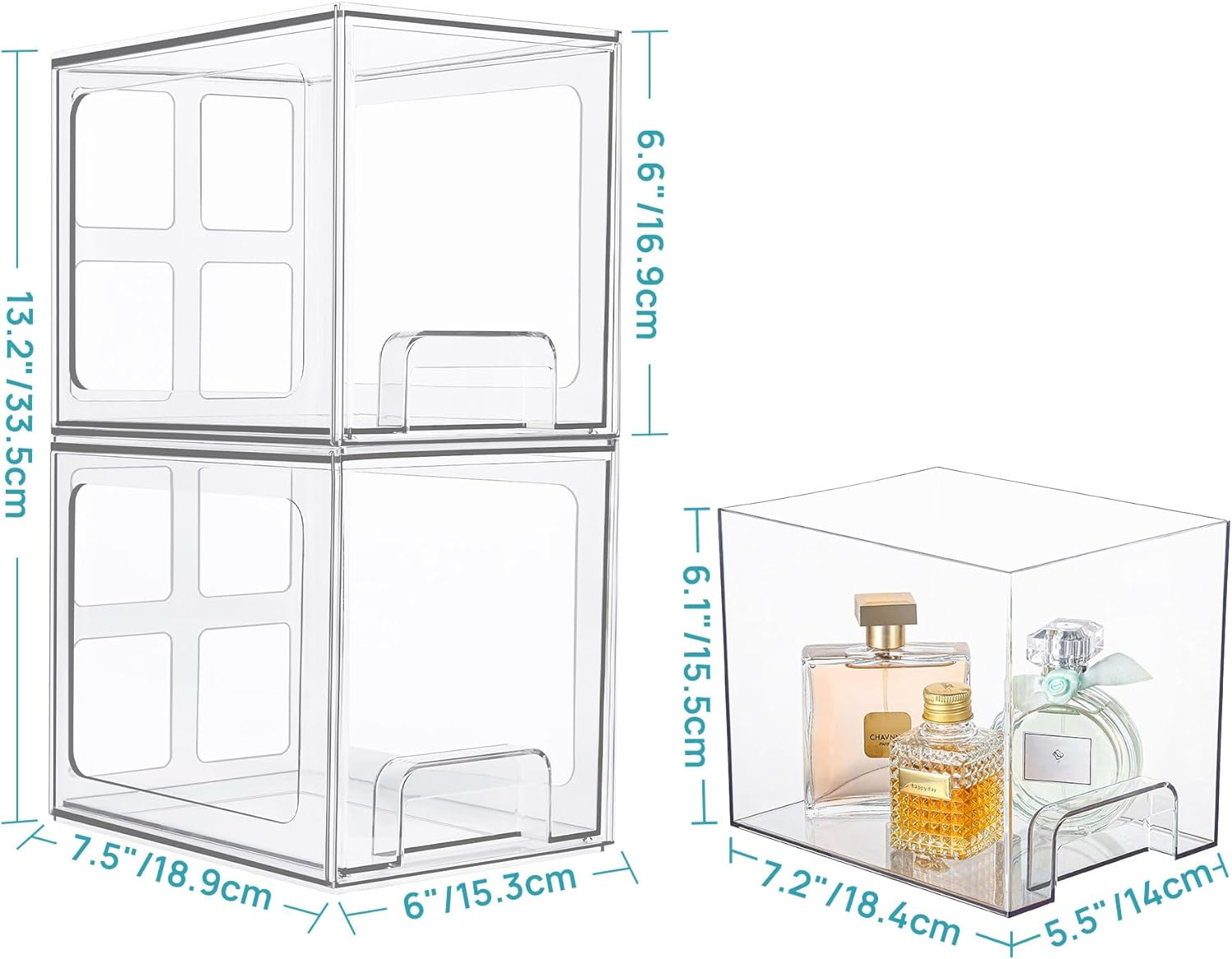 2 Pack Stackable Makeup Organizer Storage Drawers, Vtopmart 6.6&rsquo;&lsquo; Tall Acrylic Bathroom Organizers，Clear Plastic Bins for Vanity, Undersink, Kitchen Cabinets, Pantry Organization and SVM10001 image number 1