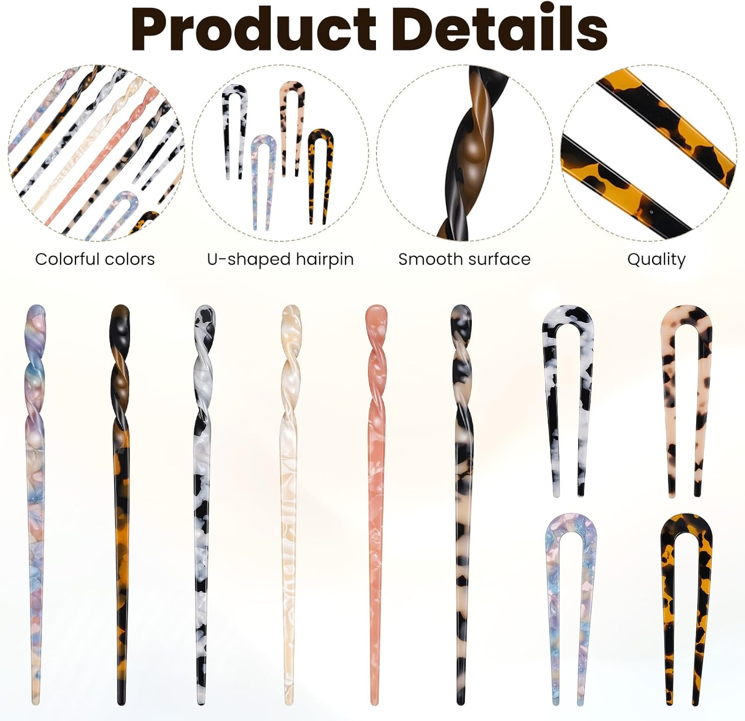 Acetate Hair Stick and U Shaped Hairpin, 6 Pieces Hair Sticks, 4 Pieces French Hair Pin Retro Hair Pins, Acrylic French Hair Pin, Vintage Hair Pins for Women Girls image number 5