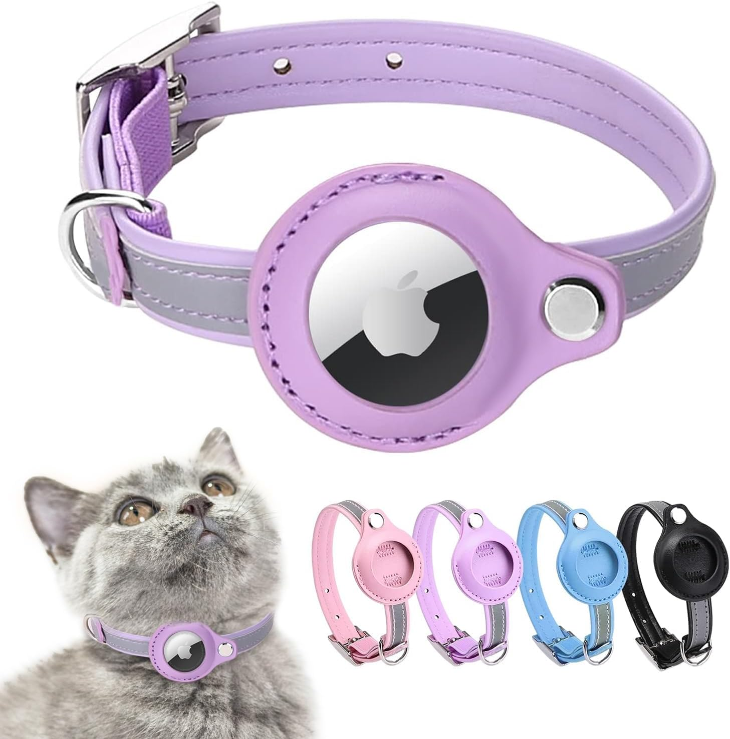 Airtag Cat Collar, Leather Airtag Collar Cat, Reflective Adjustable GPS Cat Collar Airtag Case for Tracking Cat Anti-Loss, Airtag Cat for Large/Medium/Small Cat (XS, Purple) image number 5