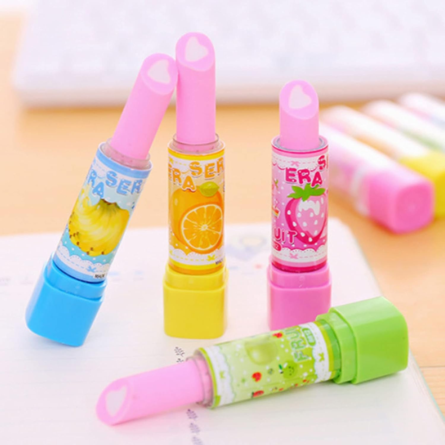 12 Pcs Cute Fruit Lipstick Style Pencil Erasers Novelty Lipstick Style Rubbers Retractable Erasers for Party Favors School Student Prizes Gift Filling image number 3