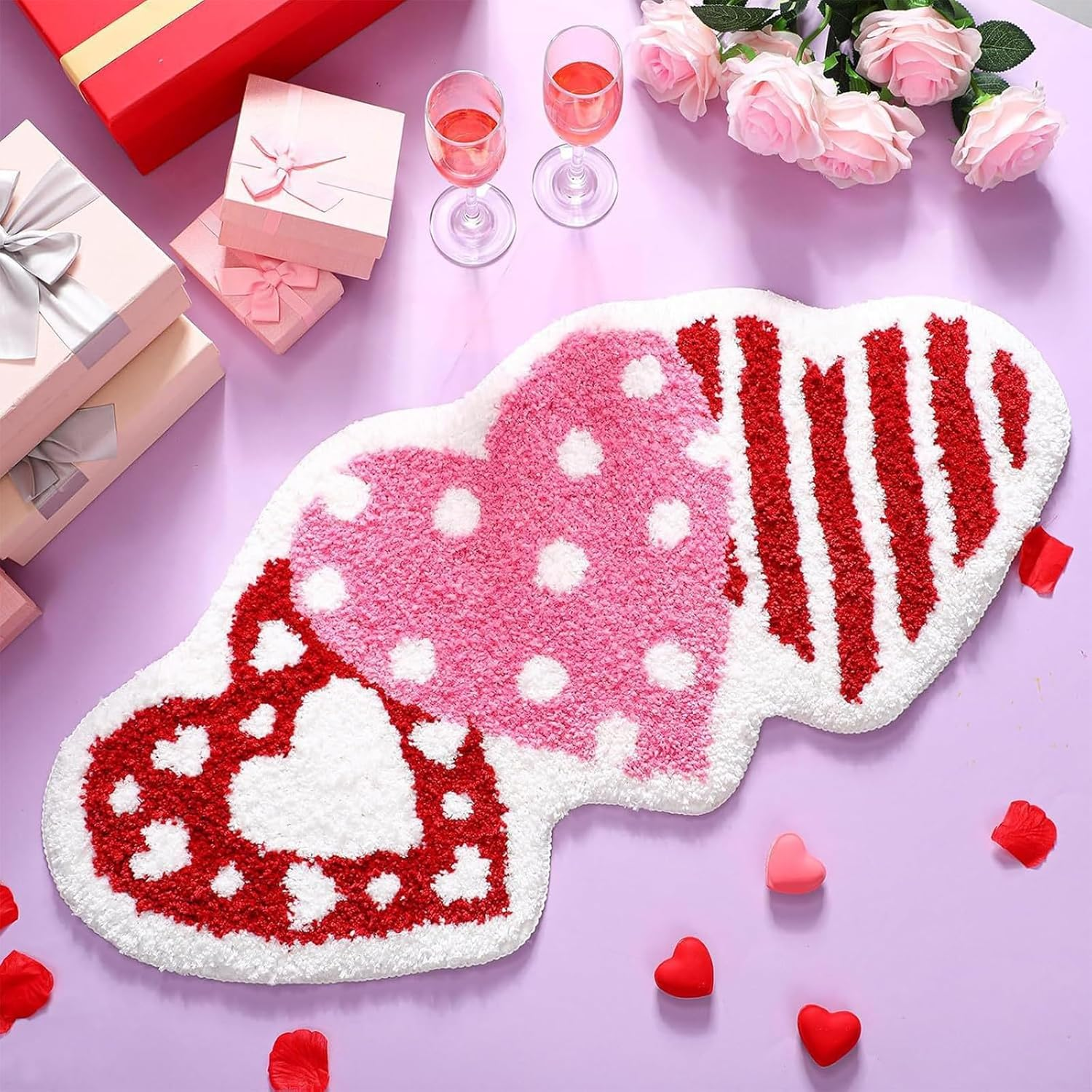 Heart Shaped Valentine&rsquo;S Day Decoration Rug 50&times;80Cm, Soft Faux Wool Area Rug for Bedroom Bathroom, Red & Pink Heart Mat for Her, Non-Slip Absorbent Carpet for Gift, Entryway, or Living Room image number 1