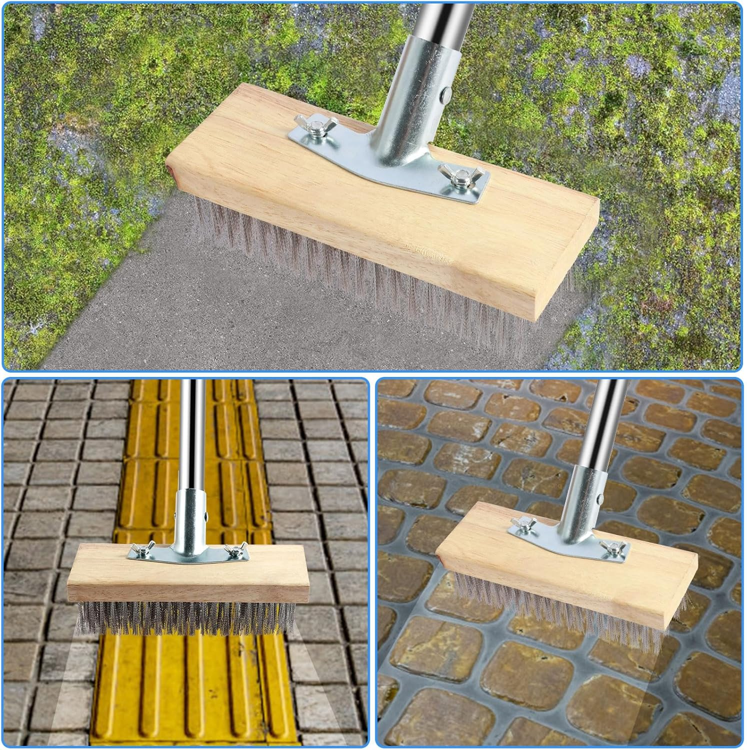 65" Stainless Steel Wire Broom with 4 Detachable Pole, Deck Scrub Brush with Long Handle, Stiff Metal Brush, Floor Scrub Bristles Brush, Tile Deck Cleaning Tool for Cleaning Moss Grout Algae Weed image number 6