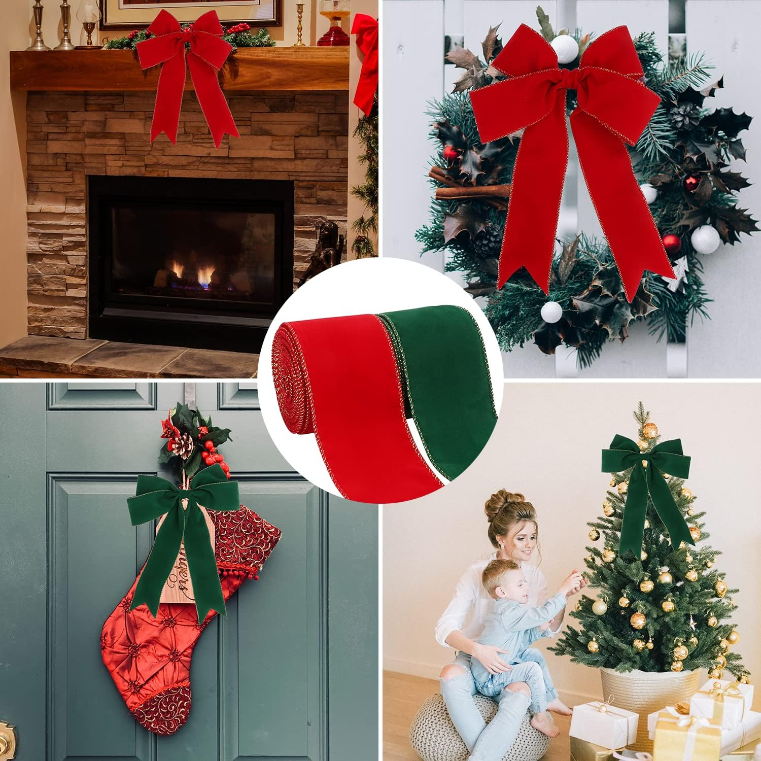 2 Rolls Christmas Wired Ribbon, 2.5 Inch X 10 Yards Red Green Velvet Xmas Ribbon with Gold Edge Vintage Christmas Ribbon for Christmas DIY Craft Home Garland Bow Door Wreath Decorations image number 1