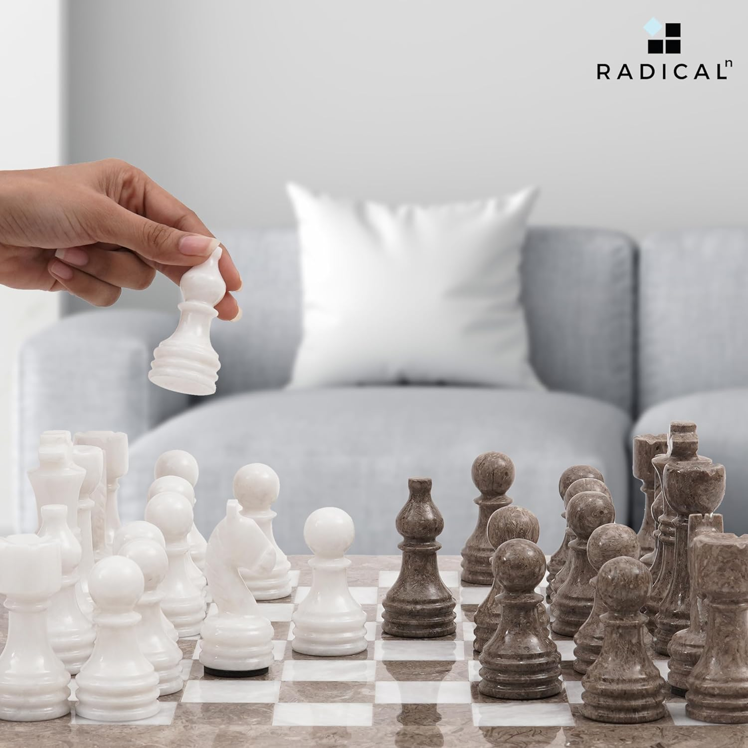 Radicaln 16 Inches Handmade Grey Oceanic and White Marble Full Chess Game Original Marble Chess Set image number 3