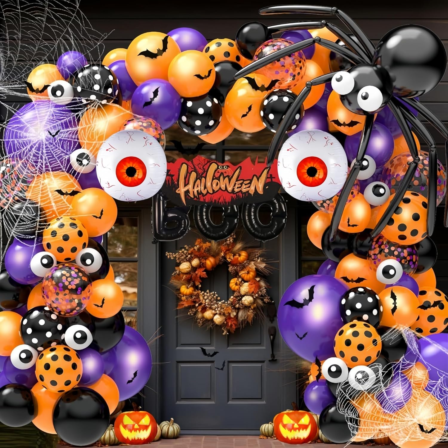 Longfng Halloween Decoration Set &ndash; Light-Up Pumpkin Lamp,128 Pcs Halloween Party Balloon Garland Arch Kit & Hand Pump for Indoor Outdoor Halloween Porch,Fireplace Funny Decor image number 6
