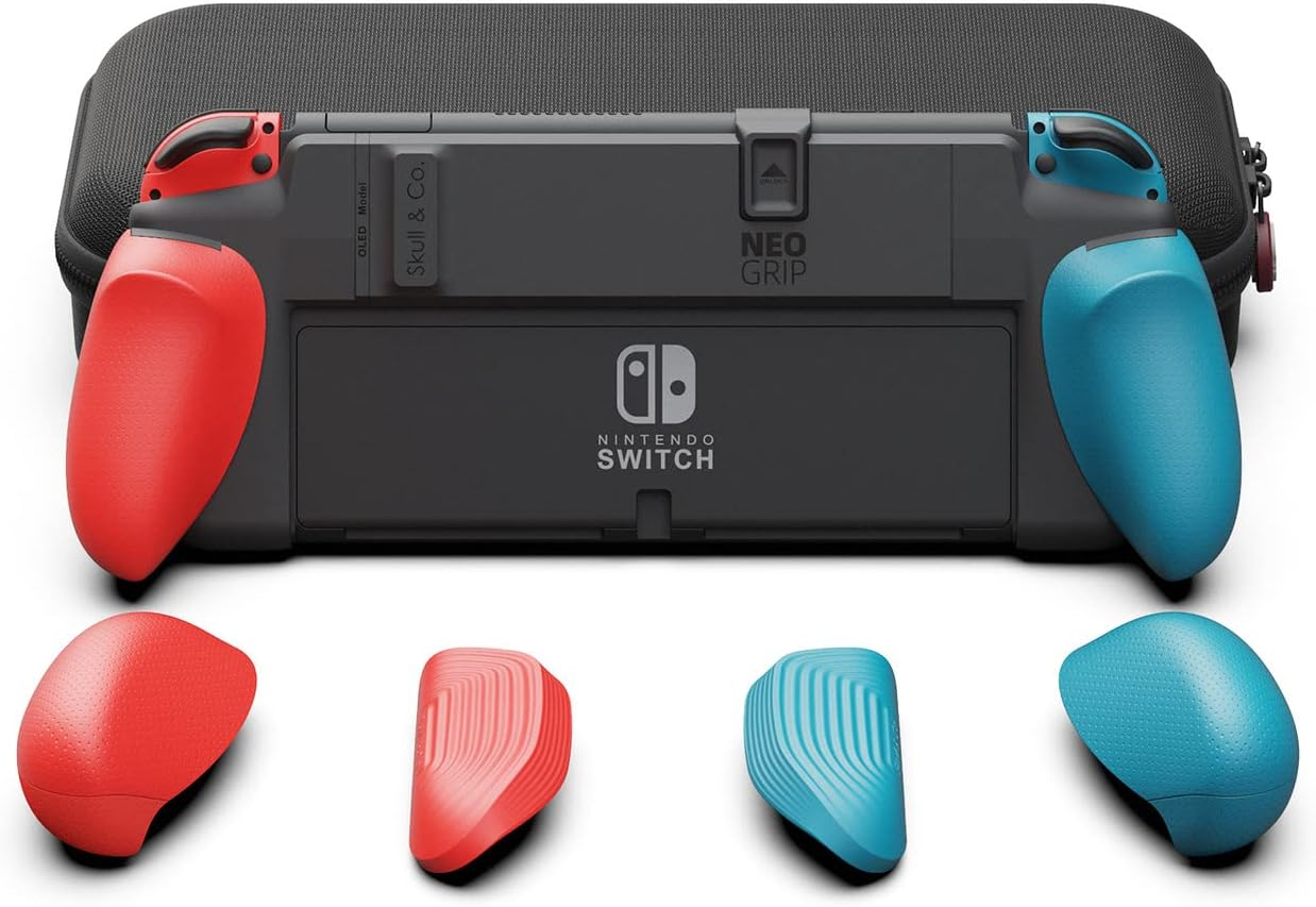 Skull & Co. Neogrip Bundle: an Ergonomic Grip Hard Shell with Replaceable Grips [To Fit All Hands Sizes] for Nintendo Switch OLED and Regular Model [With Carrying Case] - Neon Blue(L)+Neon Red(R)