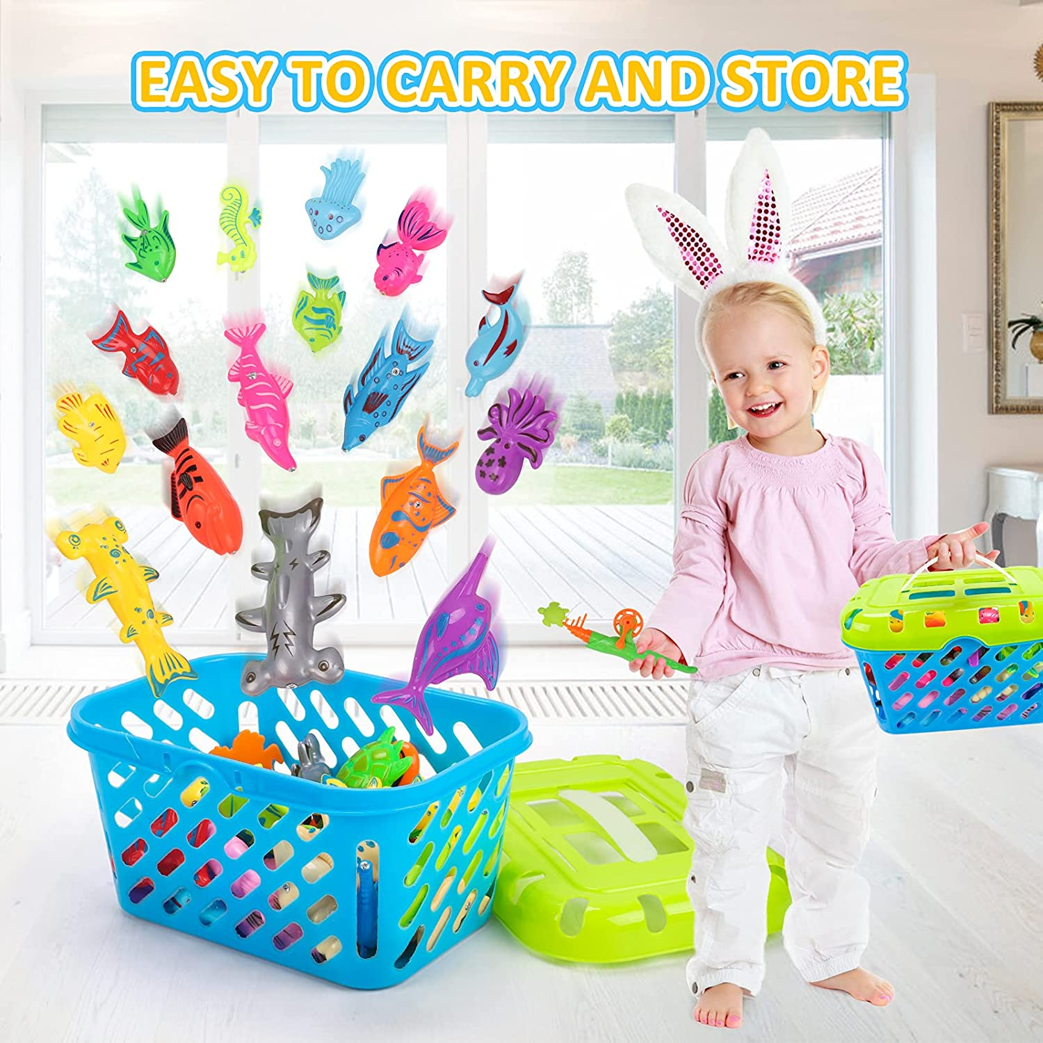 REMOKING Kid Toys 52PCS Fishing Game,Magnetic Toys with Ocean Sea Animal,Fishing Poles,Nets,Inflatable Pool,Toddlers Bathtub Outdoor Carnival Party Set,Gifts for Kids 3-6 Years Old(With Basket) image number 5