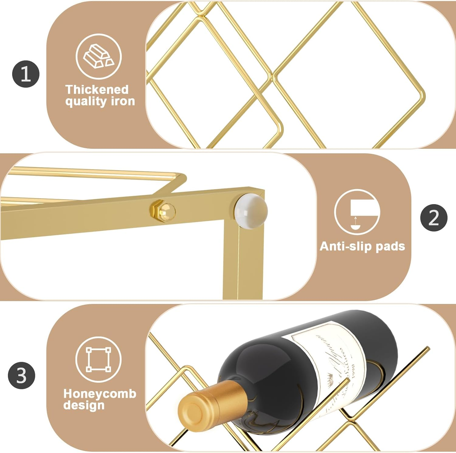 Urban Deco Gold Wine Rack Small Countertop for Cabinets &ndash; 5 Wine Holder Countertop Stylish and Compact Small Wine Racks image number 4