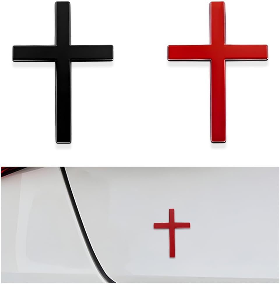 DXNQ 2PCS Metal Jesus Christ Cross Badge Stickers, 2.5"&times;1.8" Alloy 3D Individual Car Cross Sticker, Self Adhesive Scratch Covering Metal Cross Auto Emblem Decal for Car Body Fender Tail (Silver)