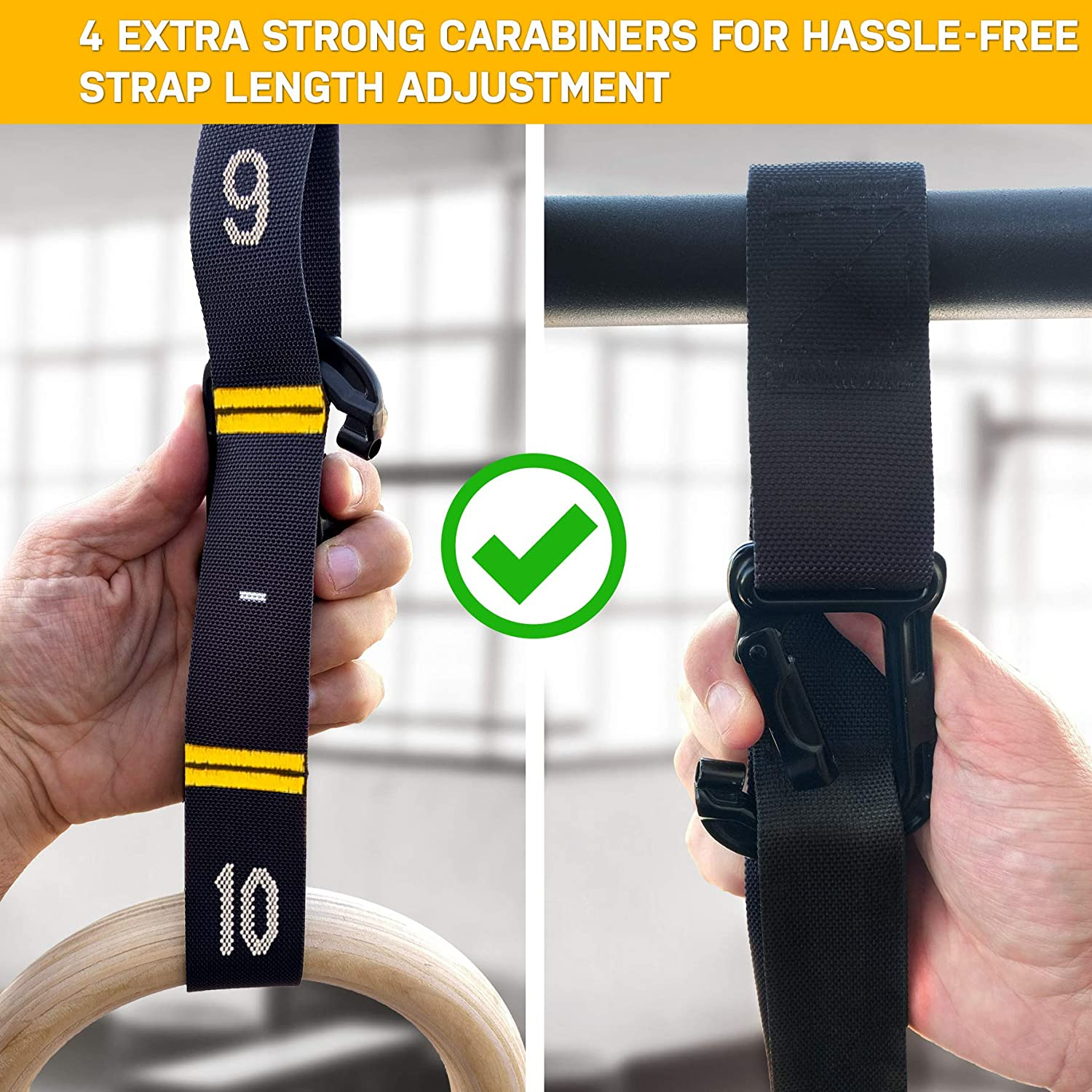 Double Circle Quick Adjust Numbered Straps for Gymnastic Rings - Carabiner System and Exercise Video Guide for Full Body Workout, Calisthenics, and Home Gym