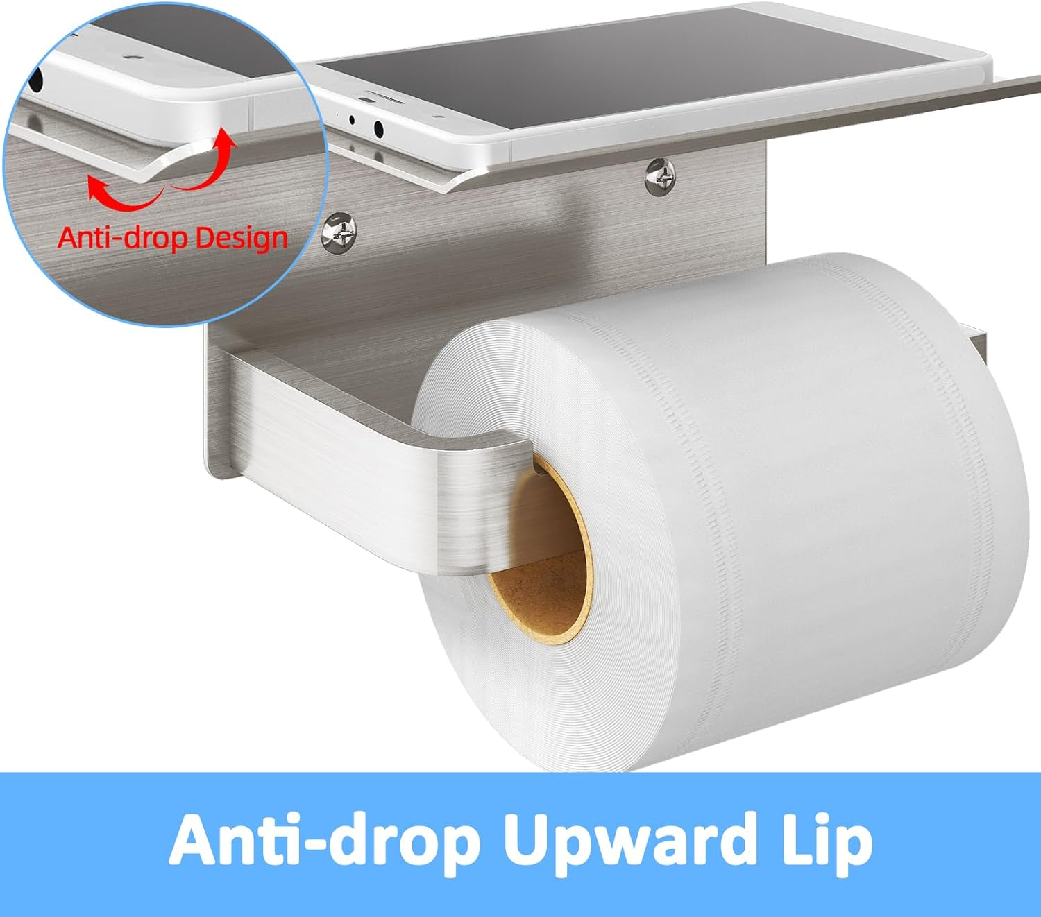 Gypie Toilet Paper Holder with Phone Shelf, Brushed Nickel Toilet Paper Holder Wall Mount, Rustproof Stainless Steel Bathroom Storage - Brushed Nickel image number 5