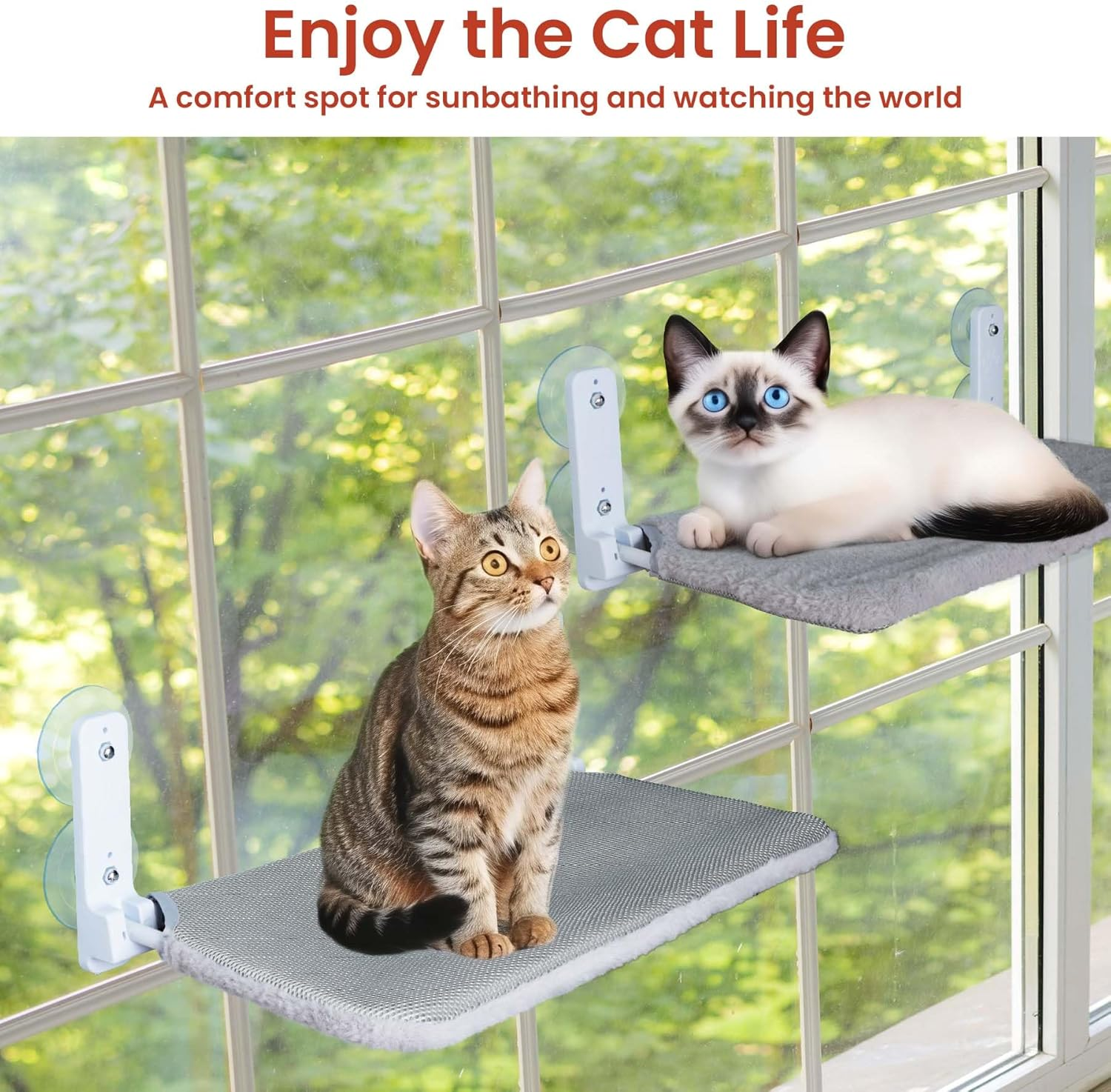 BREENHILL Foldable Cat Window Hammock Bed - XL 2PC Set with Heavy-Duty Suction Cups, Reversible Washable Cover & Metal Frame(Grey) image number 3