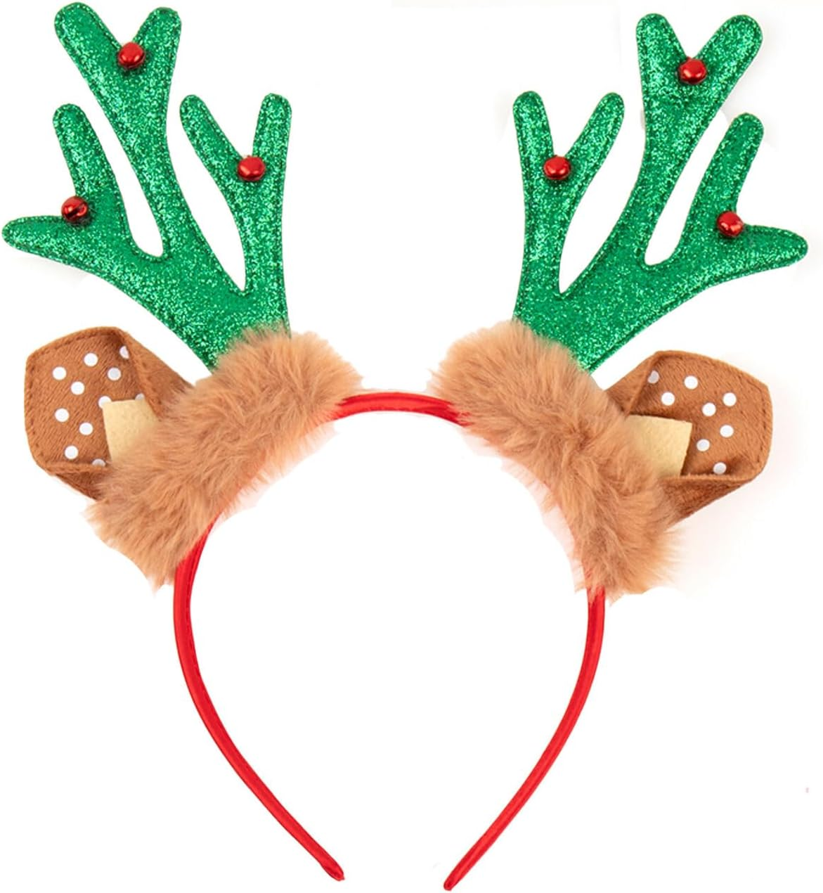 FIL Adult Kids Christmas Xmas Novelty Headband Hat Costume Hair Clip Reindeer Santa [Design: Antlers W Fur (Green)] image number 1
