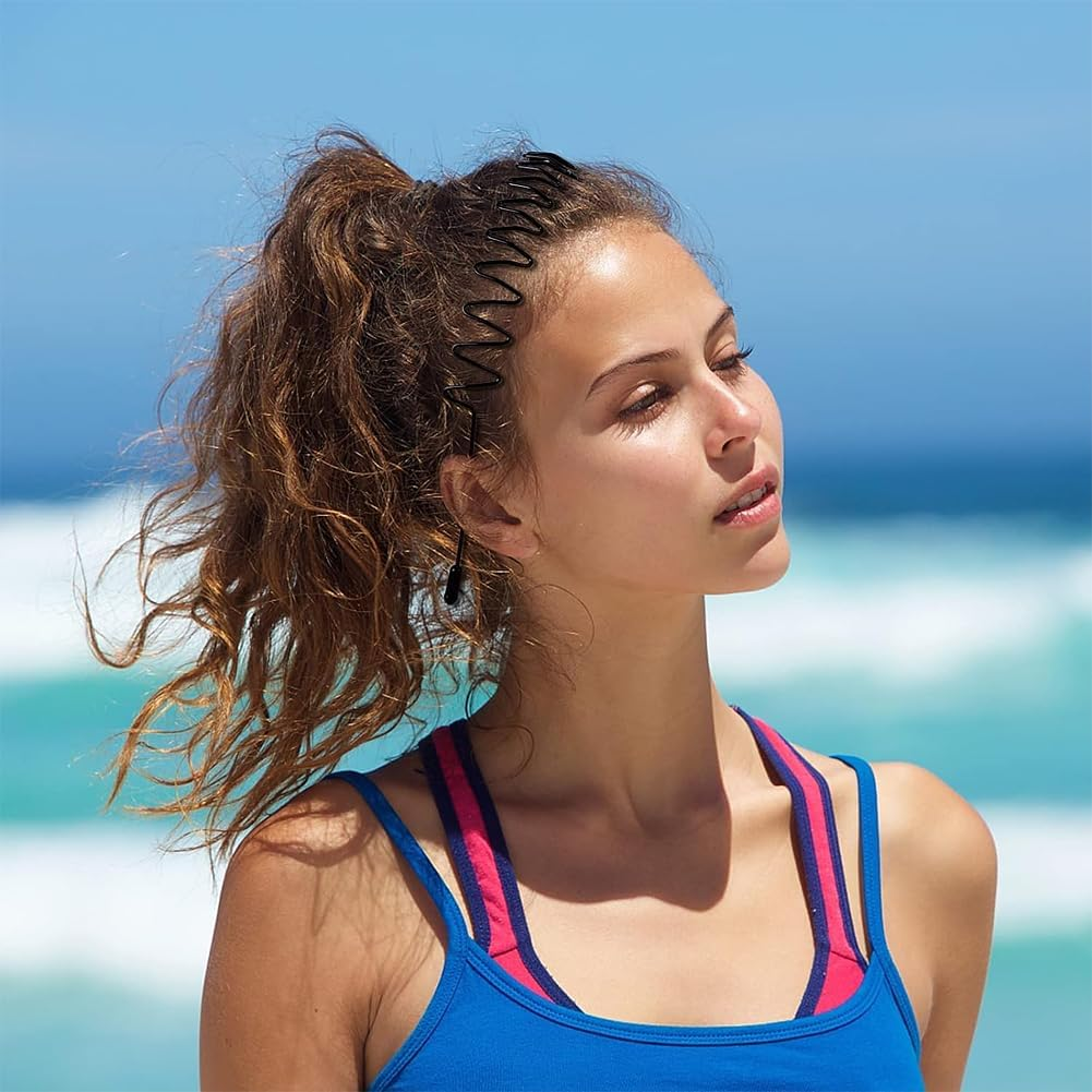 6 Pack Elastic Wavy Spring Wave Hair Band, Multi-Style Black Non-Slip Metal Hair Hoop, Unisex Headband Slicked Back Sports Hairband for Women Men image number 1