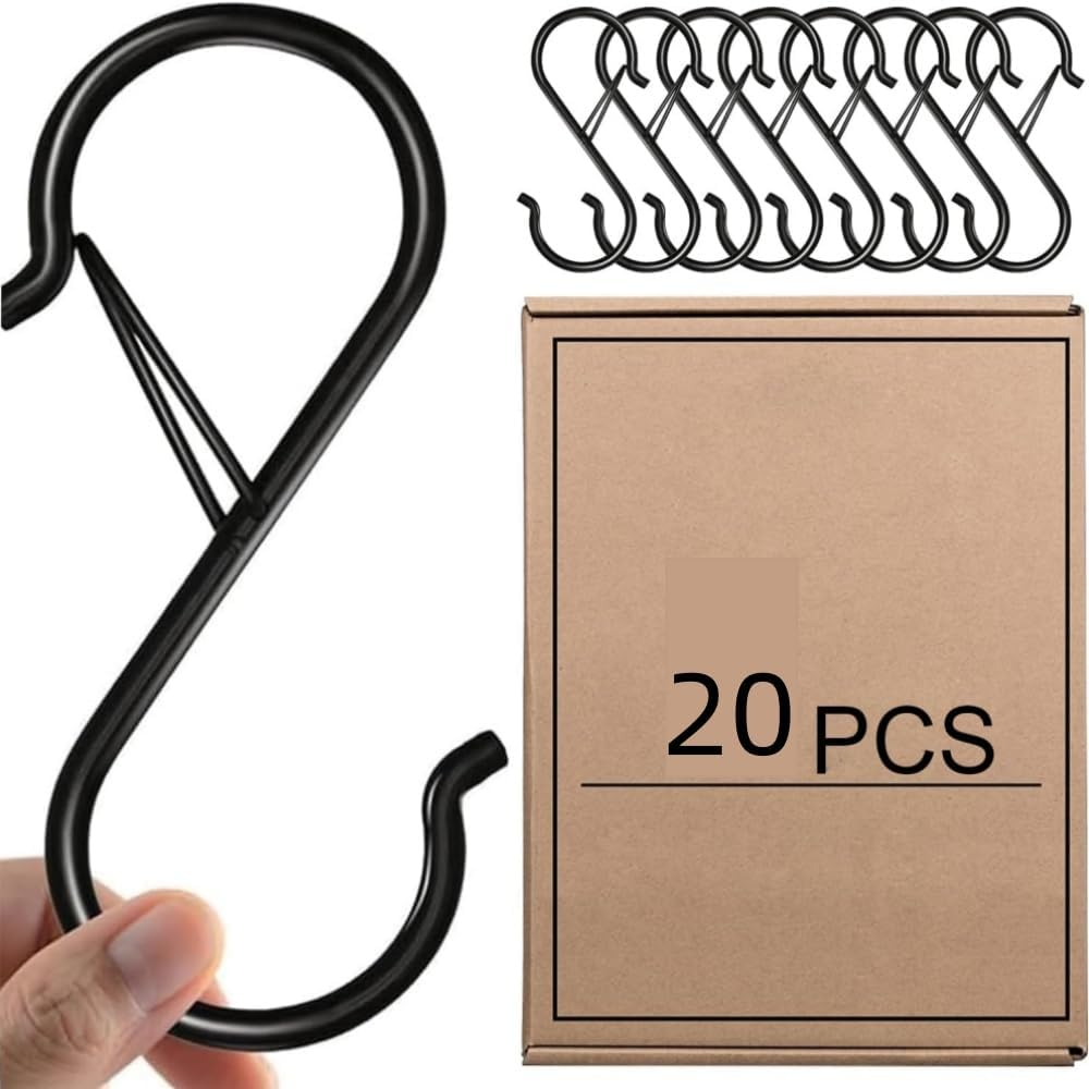 HIDOSNG 20Pcs S Hooks with Safety Buckle, 3.5 Inch Heavy Duty S Hooks for Kitchen, Bathroom, Courtyard - Hanging Plants, Clothes,Bathing Utensils, Bags (Black) image number 4