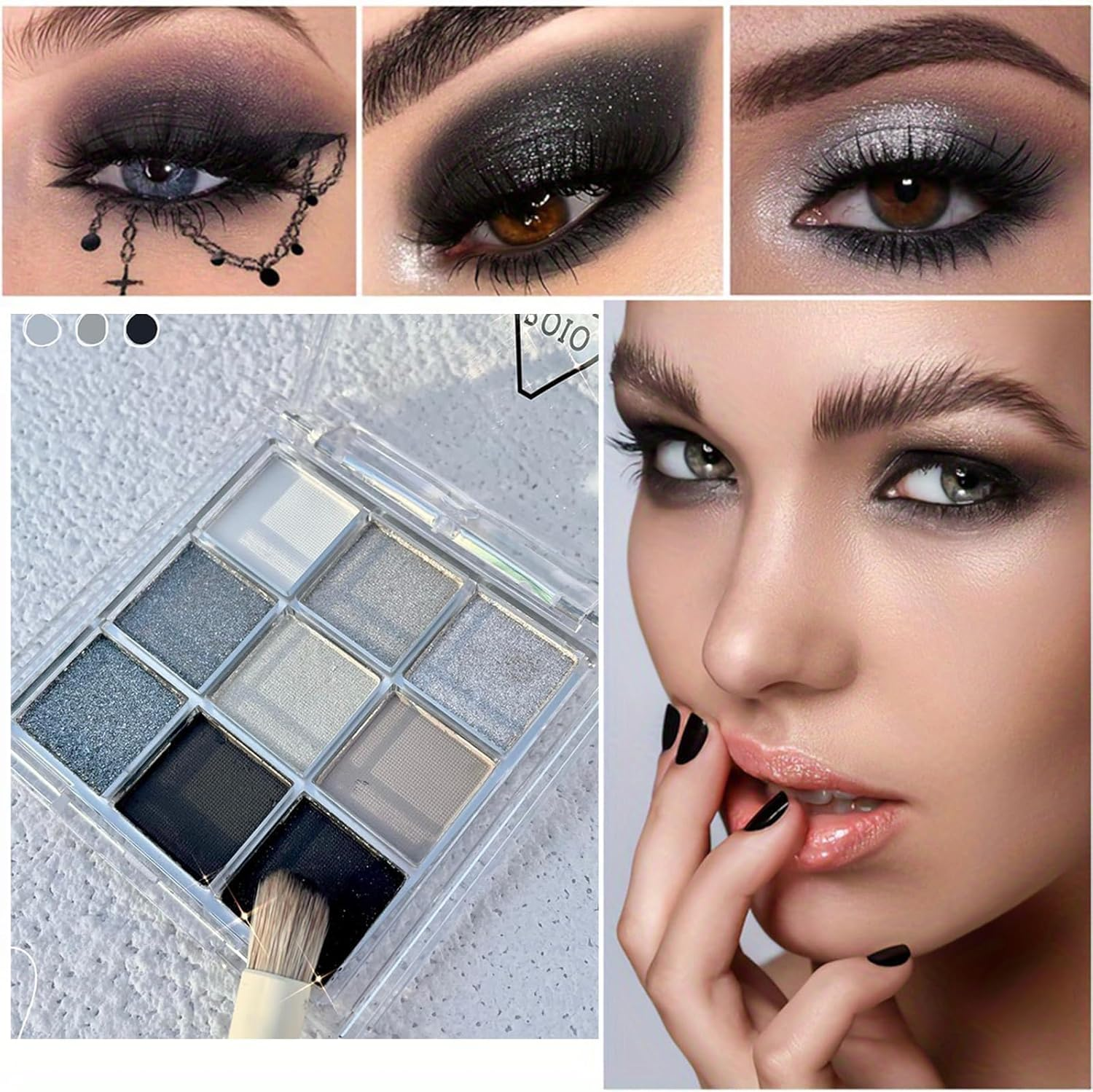 9 Colors Smoky Eye Shadow Palette - Black, Dark Gray, Smokey Goth Makeup - Soft Matte and Shimmer Shades, High Pigment Basic Black White Gray - Perfect for Halloween image number 1