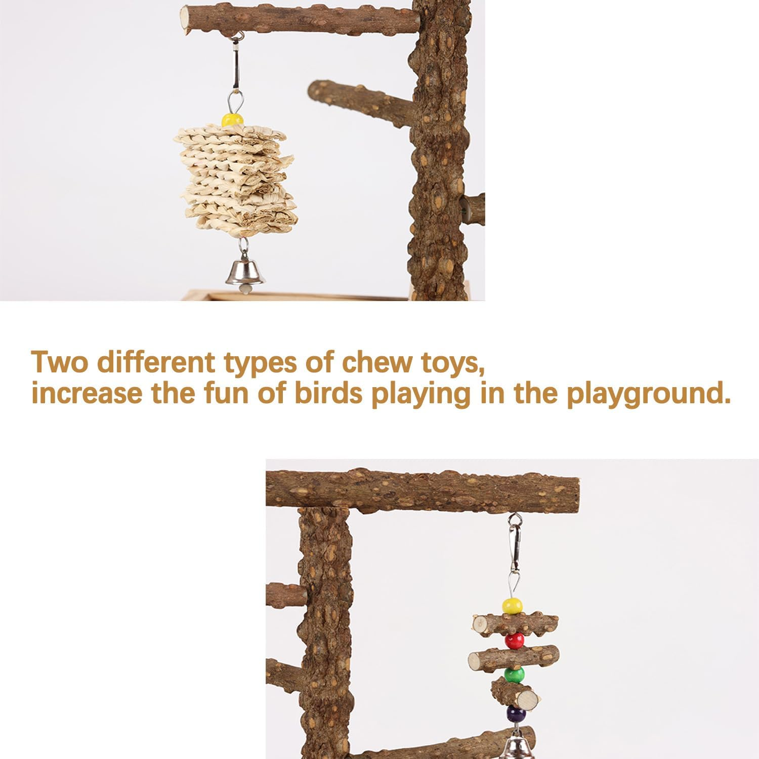 Cozioz Natural Wooden Bird Playground with Removable Tray, 2 Stainless Steel Cups - Ideal Bird Cage Accessories and Perches for Fun and Feeding image number 2