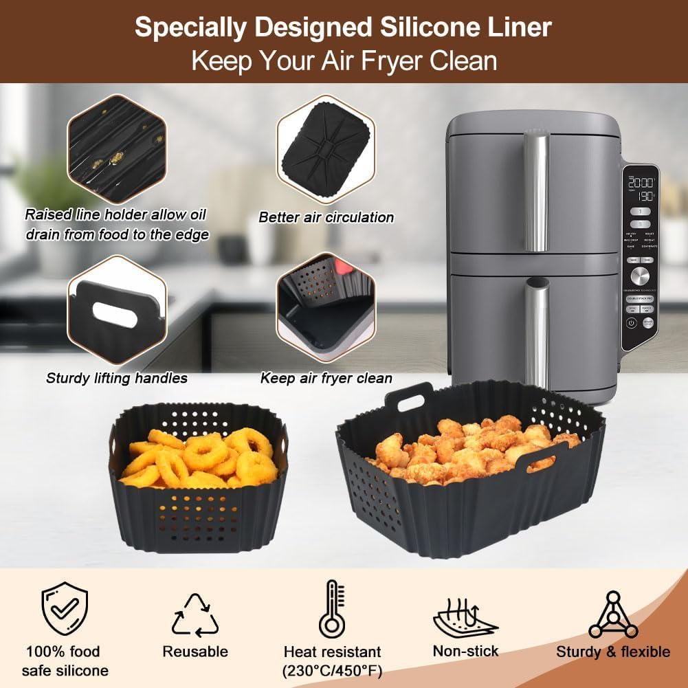 Silicone Air Fryer Liners for Ninja SL401 Double Stack 2 Basket Air Fryer, Reusable Rectangle Perforated Silicone Liners for Dual Air Fryer, Ninja Doublestack XL 9.5L Air Fryer Accessories
