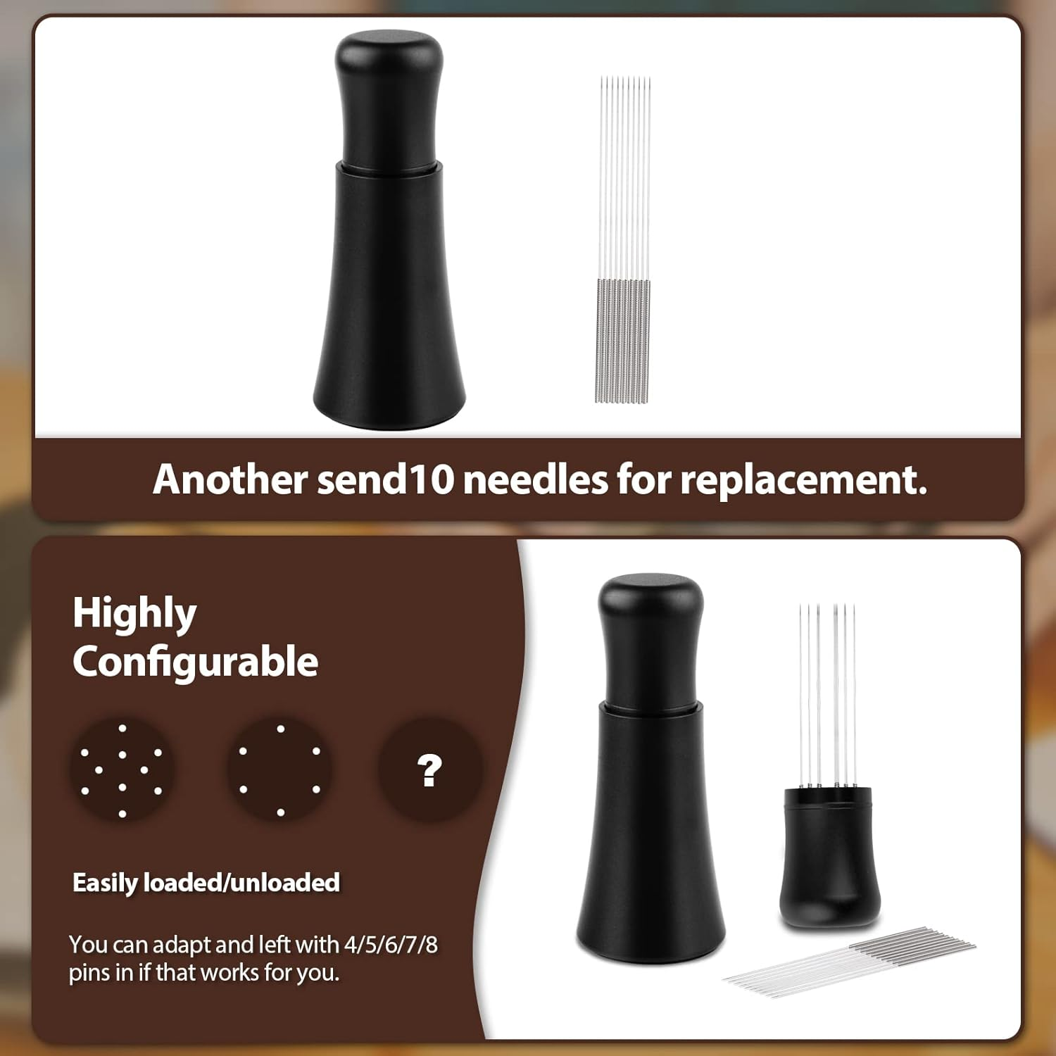 WDT Tool, Espresso Distribution Tools, 10 X 0.35Mm 304 Stainless Steel Needles Installed with 10 Extra Needles for Espresso Stirrer Replacement, Aluminum Alloy Handle with Stand&hellip; (Matte Black) - Matte Brown image number 3