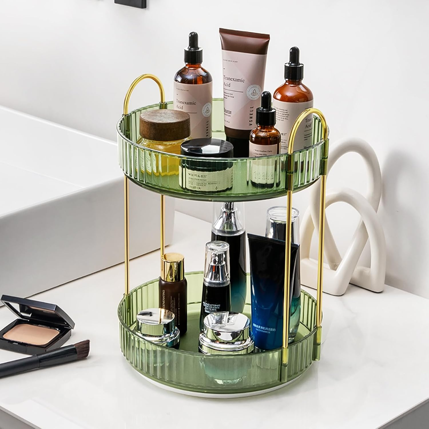 Makeup Organizer for Vanity, 360&deg; Rotating Bathroom Organizer Countertop, High-Capacity Skincare Organizer, Spinning Cosmetics Organizer for Dresser Countertop (2 Tiers, Green) image number 6