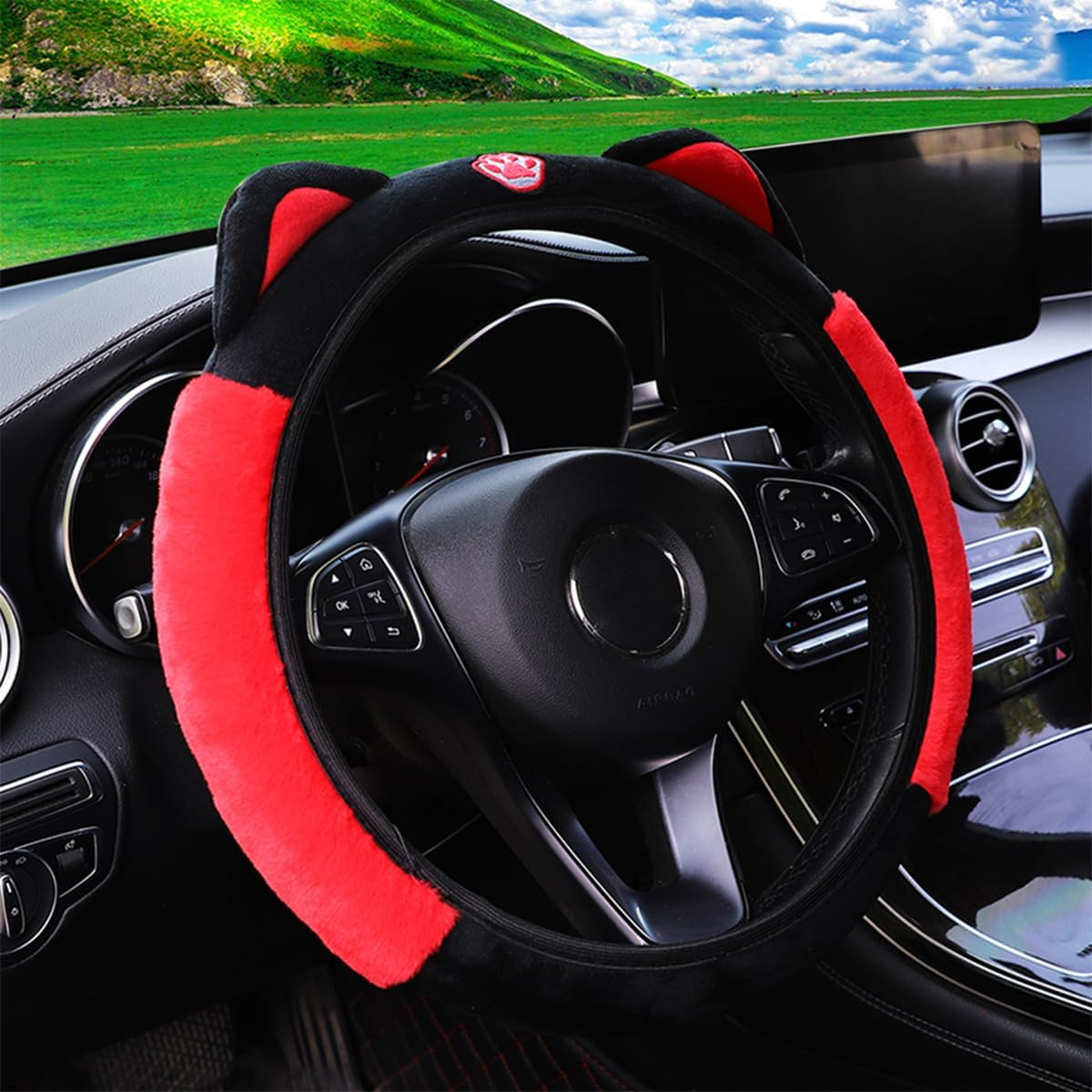 Car Steering Wheel Cover, Fluffy Soft Plush for Winter Warm, Cute Steering Wheel Protector with Kitty Cat Ears, Universal 15 Inch, Elastic & Anti-Slip, Lovely Decor Car Accessories (Black/Red) image number 4