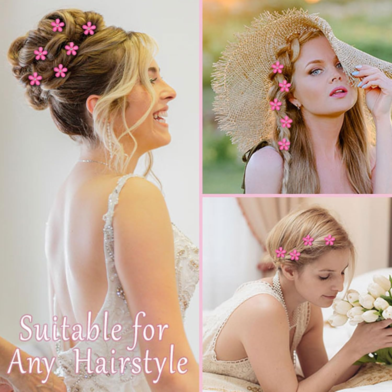 Mezrkuwr Pack of 10 Bright Pink Mini Flowers Hair Clips with Rhinestones, Cute Hair Clips, Flower Hairpins, Decorative Hair Clips, Wedding Hair Clips Hair Accessories image number 1