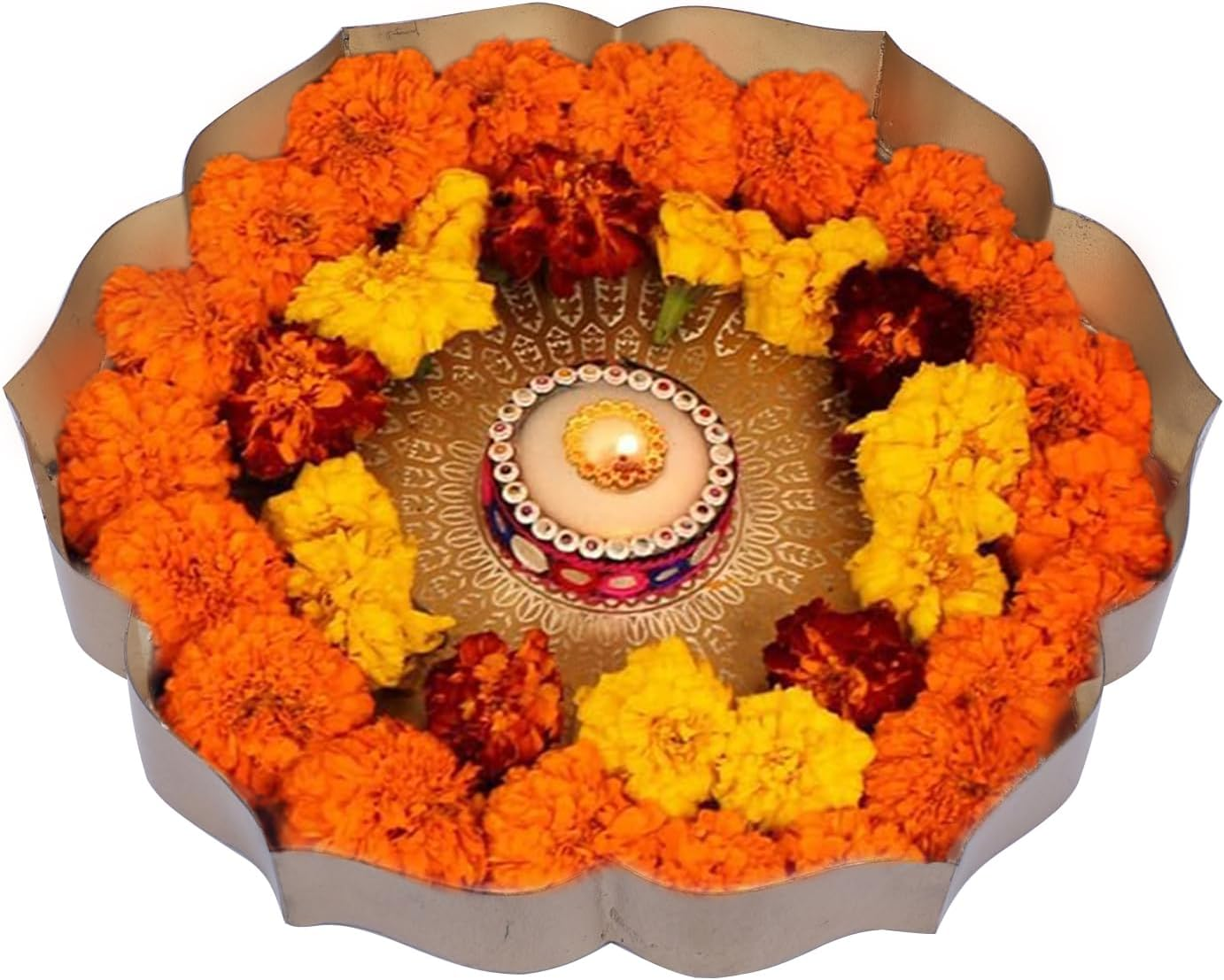 Two Moustaches 12 Inches Ethnic Carved Flower Design Urli Bowl for Home Decor, Urli Bowl for Flowers Decoration, Home Decoration, Bowl for Floating Flowers, Housewarming Gifts, Golden, Pack of 1 image number 5