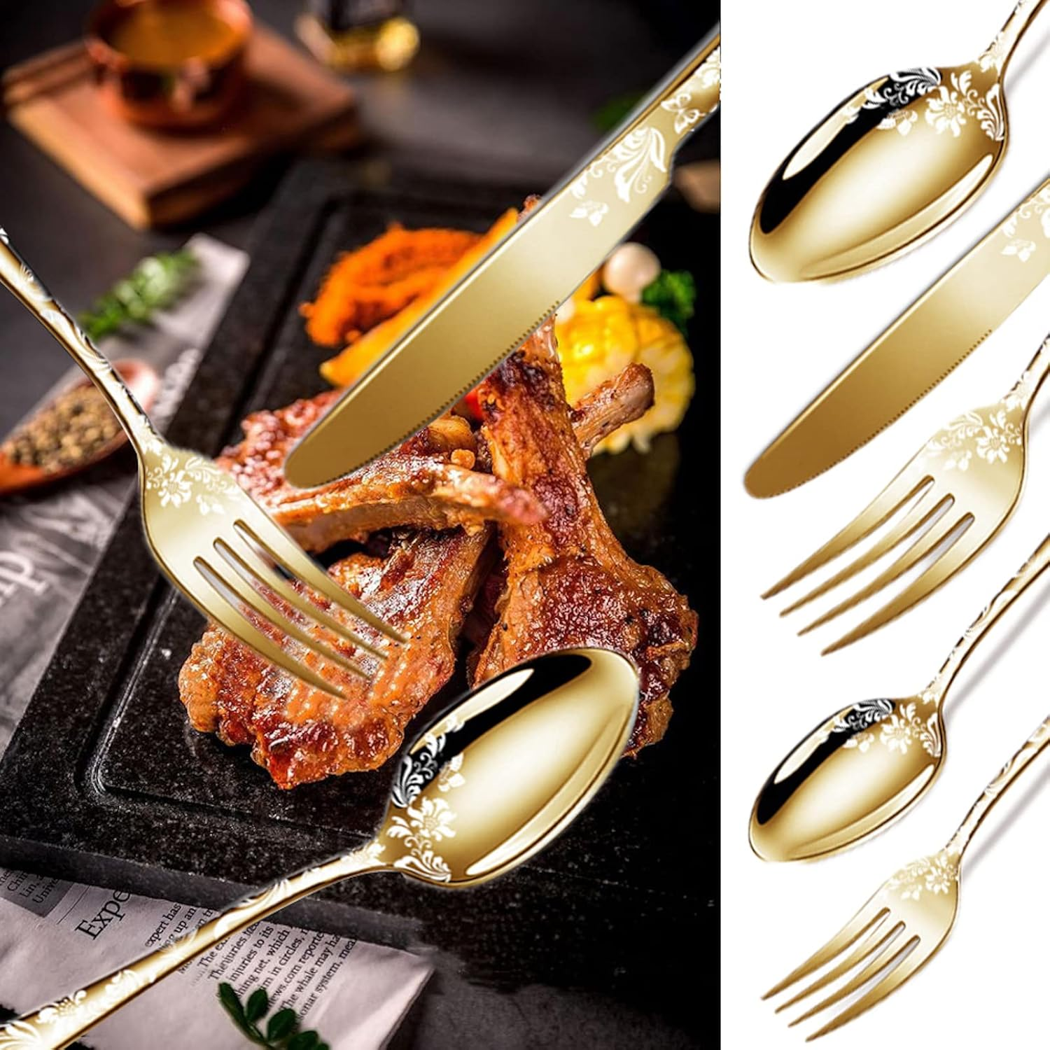 Vilihkc 20 Piece Unique Pattern Design Silverware Set, Stainless Steel Flatware Set Service for 4, Gold Cutlery Set, Mirror Polished Utensil Set for Kitchen, Dishwasher Safe - Colorful image number 7