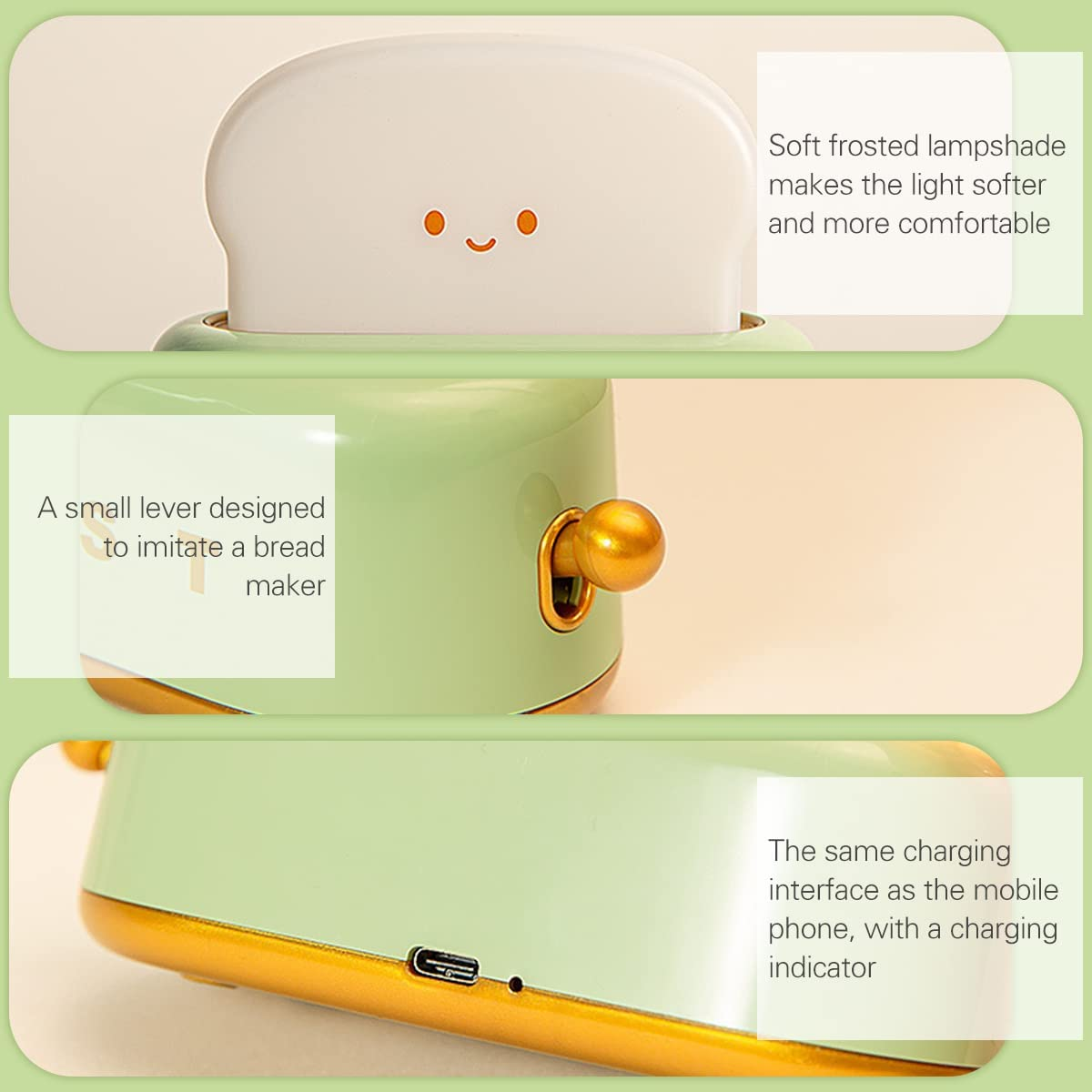 Toast Night Light，Kids Night Light,Cute Lamp for Bedroom, Nightlight for Children Portable Bedroom Bedside Sleep Light Timer, Birthday Gifts for Girls Baby(Green) image number 2