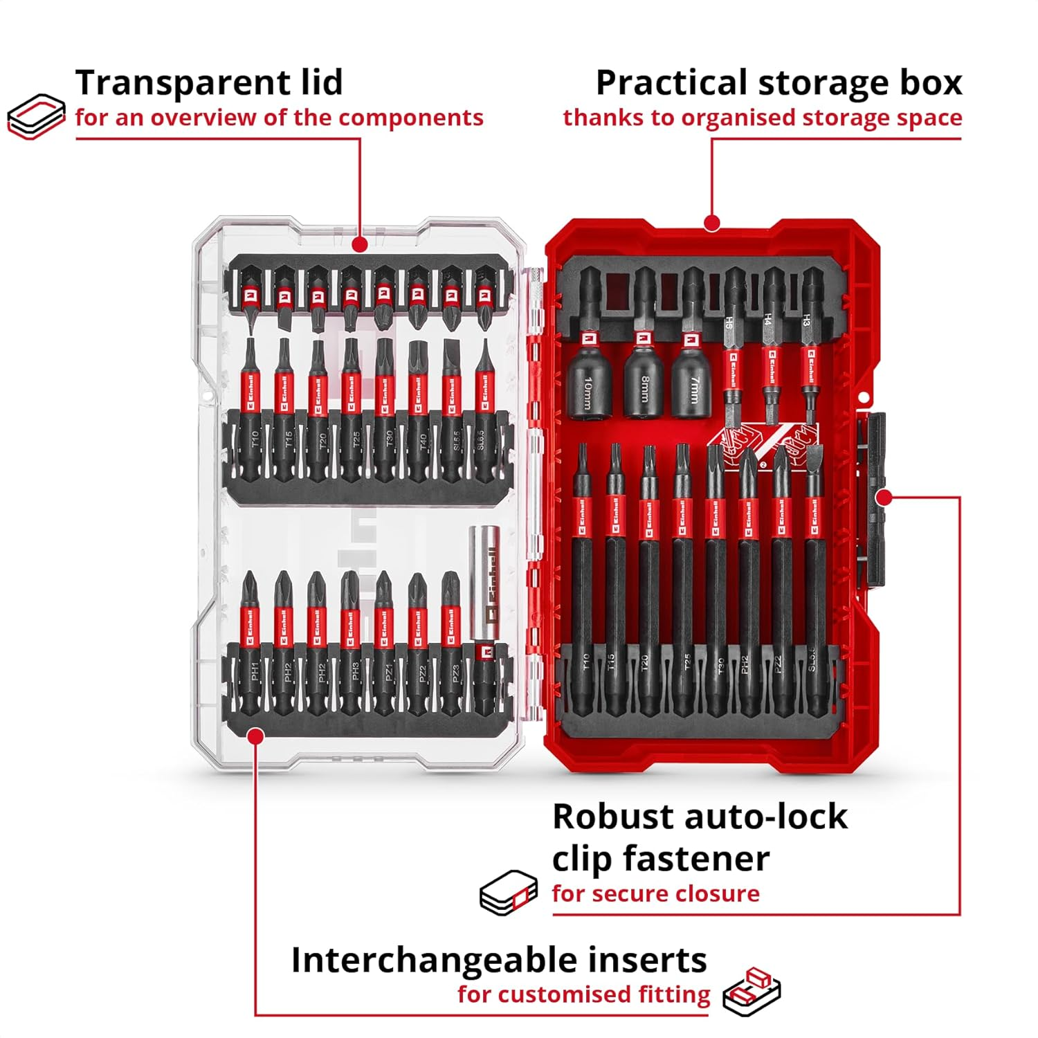 Einhell M-CASE 38-Piece Impact Bit Set (25 Mm Bits, 50 Mm Bits, 90 Mm Bits, Hex Sockets, 60 Mm Bit Holder with Storage Box) image number 6