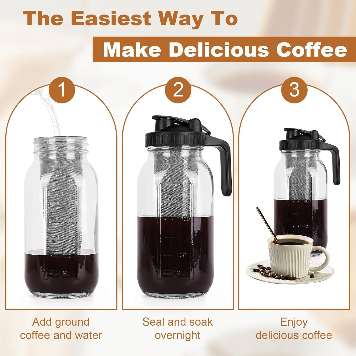 Cold Brew Coffee Maker, 64 Oz Wide Mouth Mason Jar Pitcher with Stainless Steel Filter, Pour Spout Handle Lid, Heavy Duty Glass Airtight (2L) image number 1