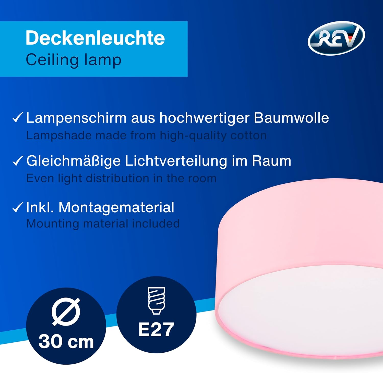 REV Ceiling Lamp 30 Cm round Ceiling Light with Fabric Shade in Modern Style - Ideal for Bedrooms, Living Rooms and Kids Bedrooms, Pink image number 6