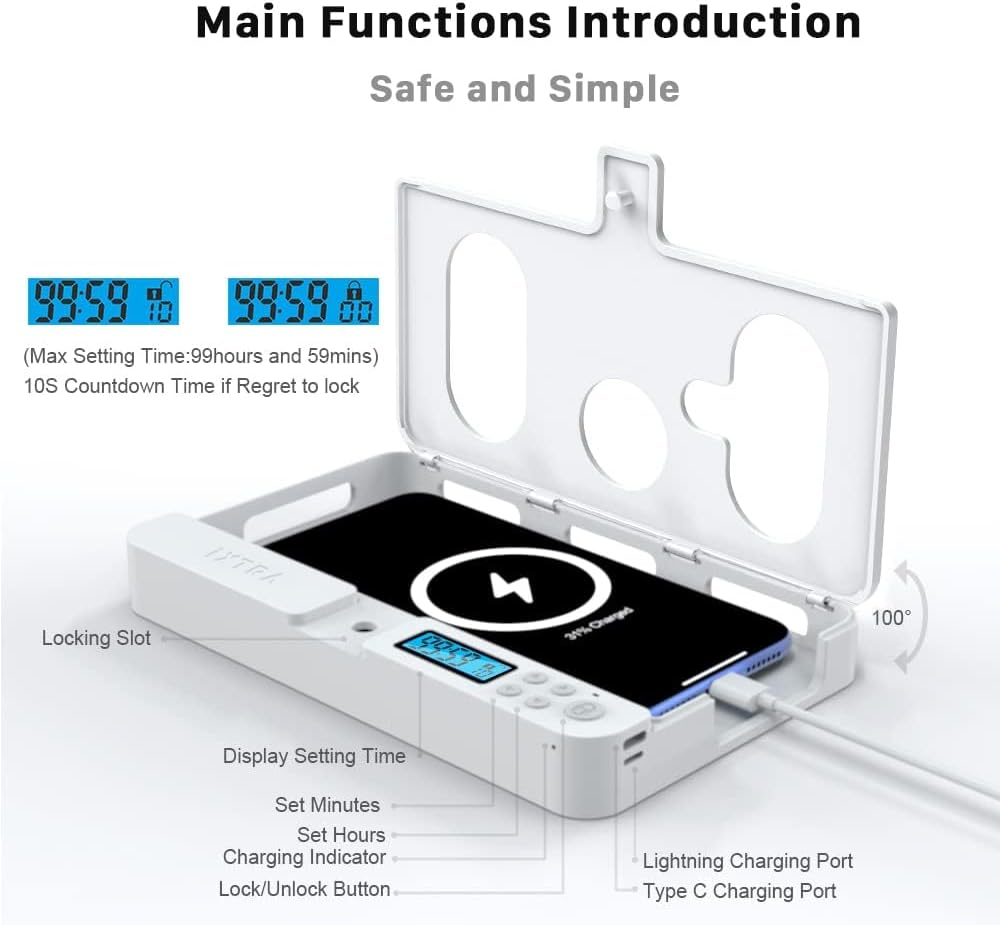 Ixtra Cell Phone Timer Lock Box for Android Samsung/Google/Iphone, Portable Self-Control Phone Timer Locker Smart Cell Phone Jail Lock Box with Timer for Kids Students Adults, White Cover image number 3