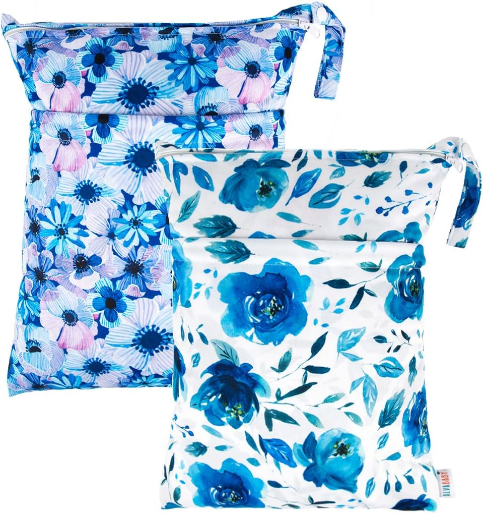 ALVABABY 2Pcs Cloth Diaper Wet/Dry Bags|Waterproof Reusable with Two Zippered Pockets|Travel, Beach, Pool, Daycare, Soiled Baby Items,Yoga，Gym Bag for Swimsuits or Wet Clothes L2629