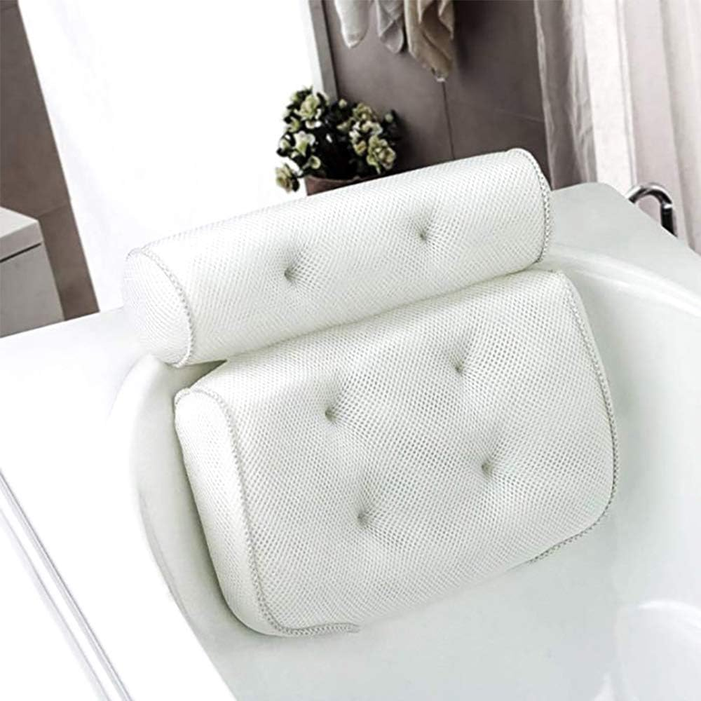Bath Pillow Bathtub Spa Pillow, Non-Slip 6 Large Suction Cups, Extra Thick for Perfect Head, Neck, Back and Shoulder Support by Idle Hippo, Fits All Hot Tub, Whirlpool, Jacuzzi & Standard Tubs (White)