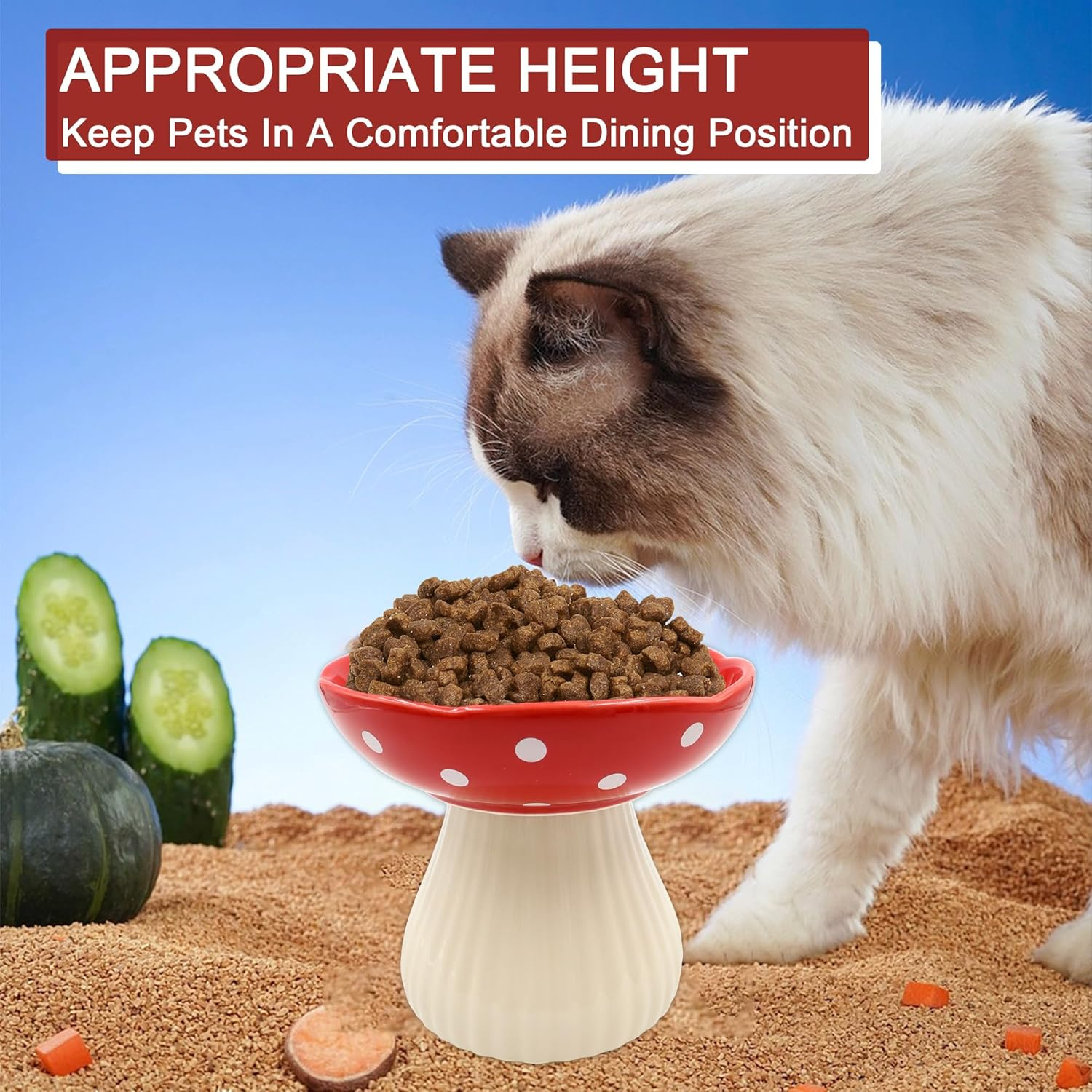 Ceramic Raised Cat Bowl, Wide Shallow Elevated Cat Bowls Whisker Friendly, Cute Mushroom Cat Food Bowls Elevated for Flat Faced Kitten, Cat Dishes for Food and Water (Red) image number 5