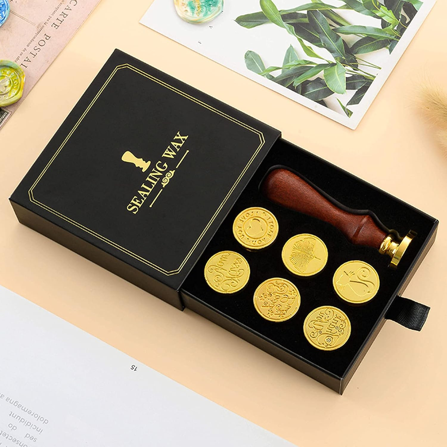 Wax Seal Stamp Kit Vintage Sealing Wax Stamp Wooden Handle Replaceable Stamp Head with Gift Box for Cards Envelopes Wedding Invitations Postcard Gift Packaging image number 6
