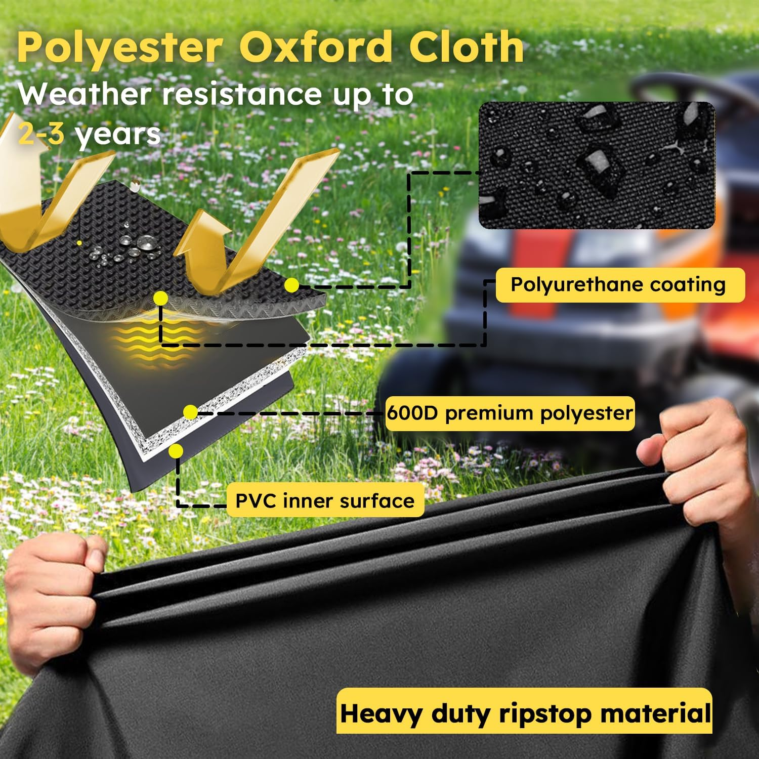 Heavy Duty Ride-On Lawn Mower Cover Waterproof 600D Oxford &ndash; Outdoor Tractor Cover with Elastic Hem, Straps, Reflective Strips, Fits 183&times;137&times;117Cm for Sit-On Mowers and Garden Tractors image number 3