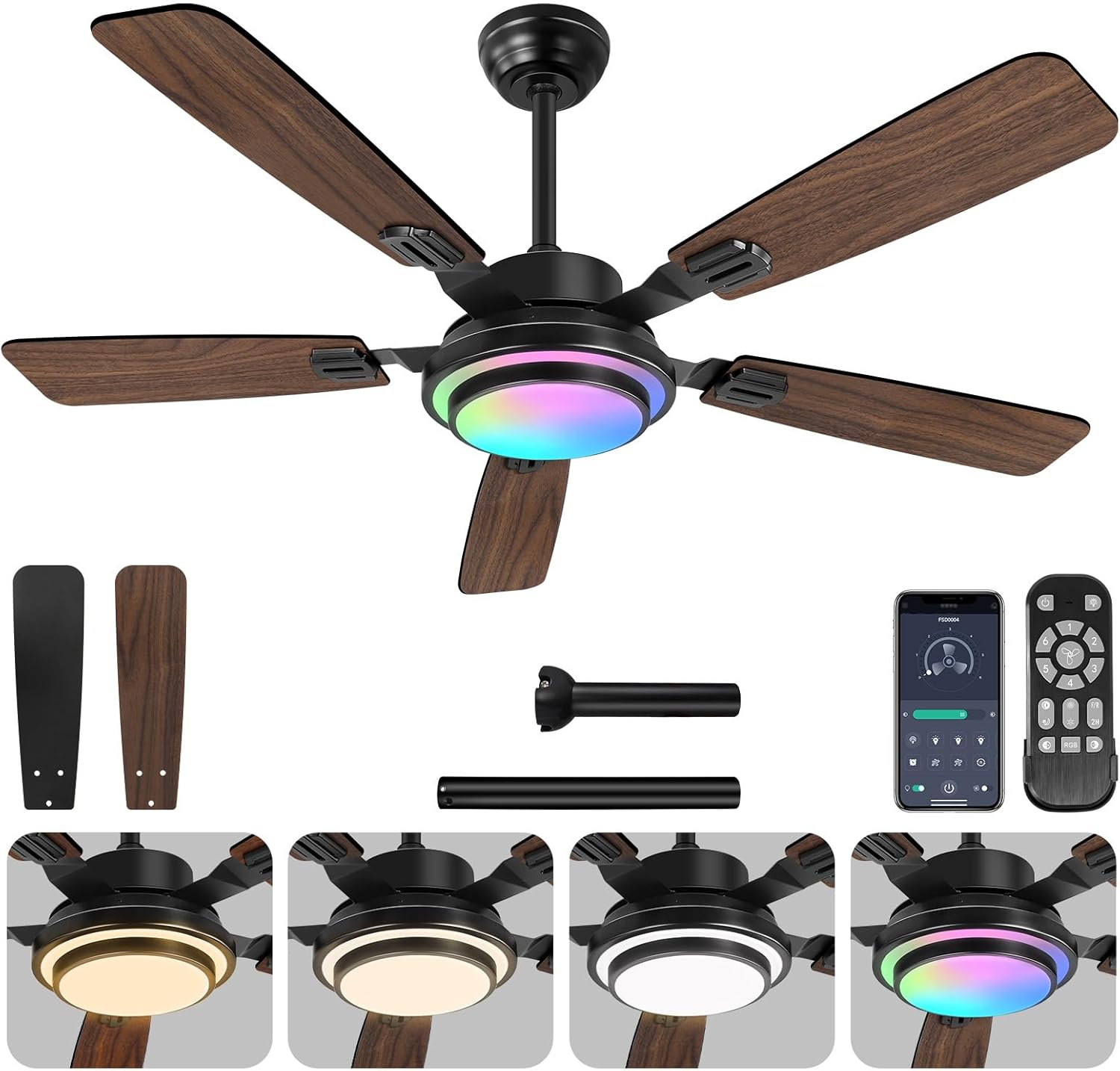 OUTON 52 Inch RGB Ceiling Fan with Light, Remote & APP Control, Low Profile Ceiling Fans, Reversible 6 Speeds, 3000-6500K Stepless Dimming, Modern Ceiling Light for Bedroom Indoor Outdoor Use, Walnut image number 1