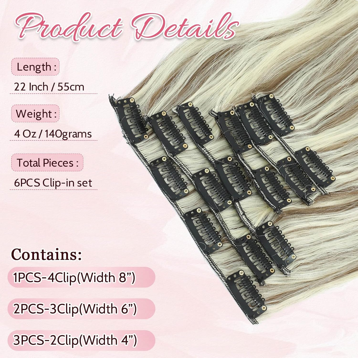 FINE plus Clip-In Extensions, 6 Pieces, Long Wavy Hair Extensions, Synthetic Extensions, Double Weft Hair, Full Head, Seamless Hairpiece for Women (77.33 Cm, Ash Brown with Platinum Highlights) image number 1