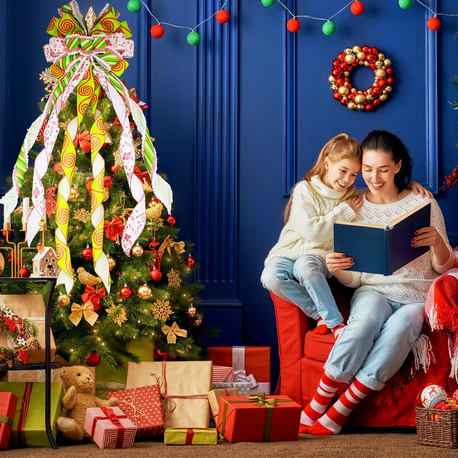 Christmas Tree Topper Large Green Christmas Bow Tree Topper, Candy Green Stripe Swirl Gift Bow for Xmas Tree Handmade Holiday Party Home Wedding Indoor/Outdoor Decorations -13 X 45 Inch image number 2