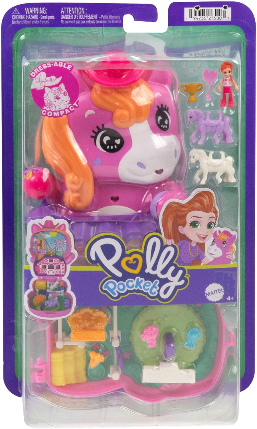 Polly Pocket Dolls and Playset, Pony Rodeo Compact, Travel Toy with 1 Micro Doll, Pet Horses, Food & Fashion Styling Accessories image number 5