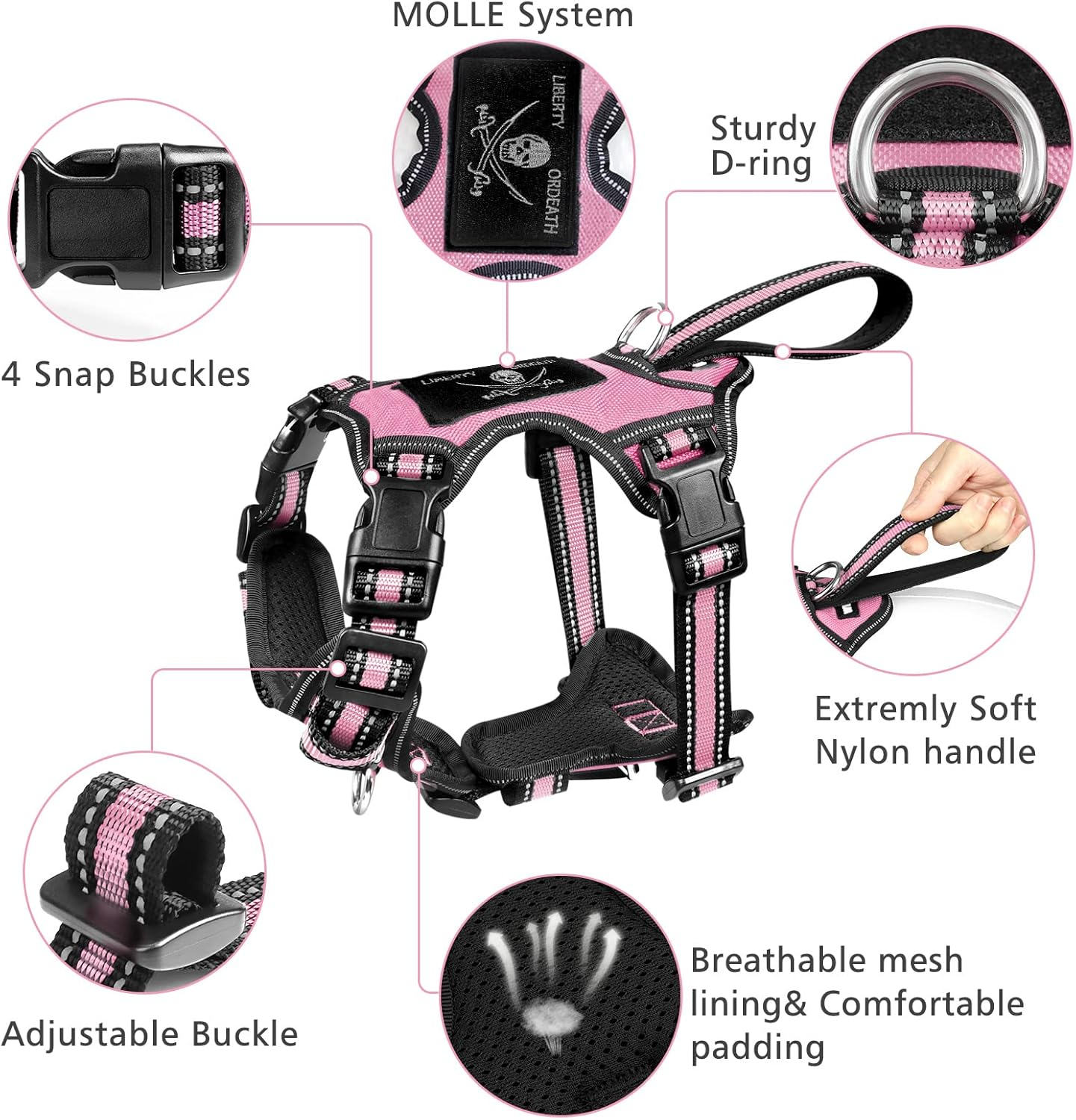 WINSEE Pet Harness Collar and Leash Set, All-In-One Reflective Dog Harness No Pull with Adjustable Buckles for Puppies, Small, Medium, Large, and Extra-Large Dogs (Large, Pink) image number 5