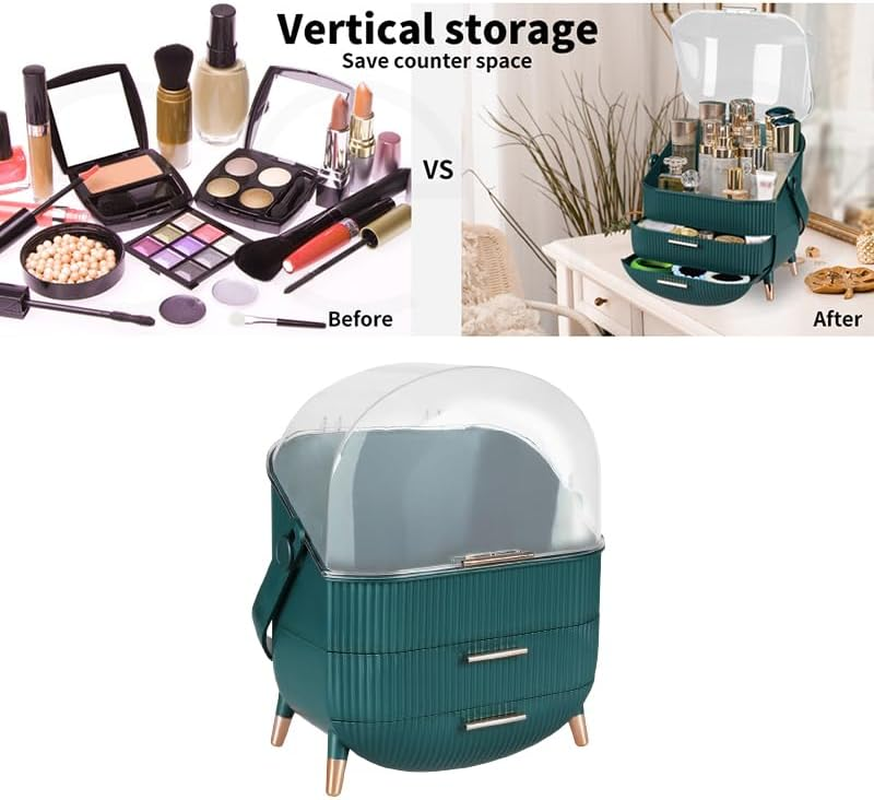 Leona Co Makeup Storage Organizer, Cosmetics Display Case Holder with 2-Layer Storage Drawer Box and Transparent Lid for Bedroom Vanity Desk, Countertop, Dresser (Green) image number 5