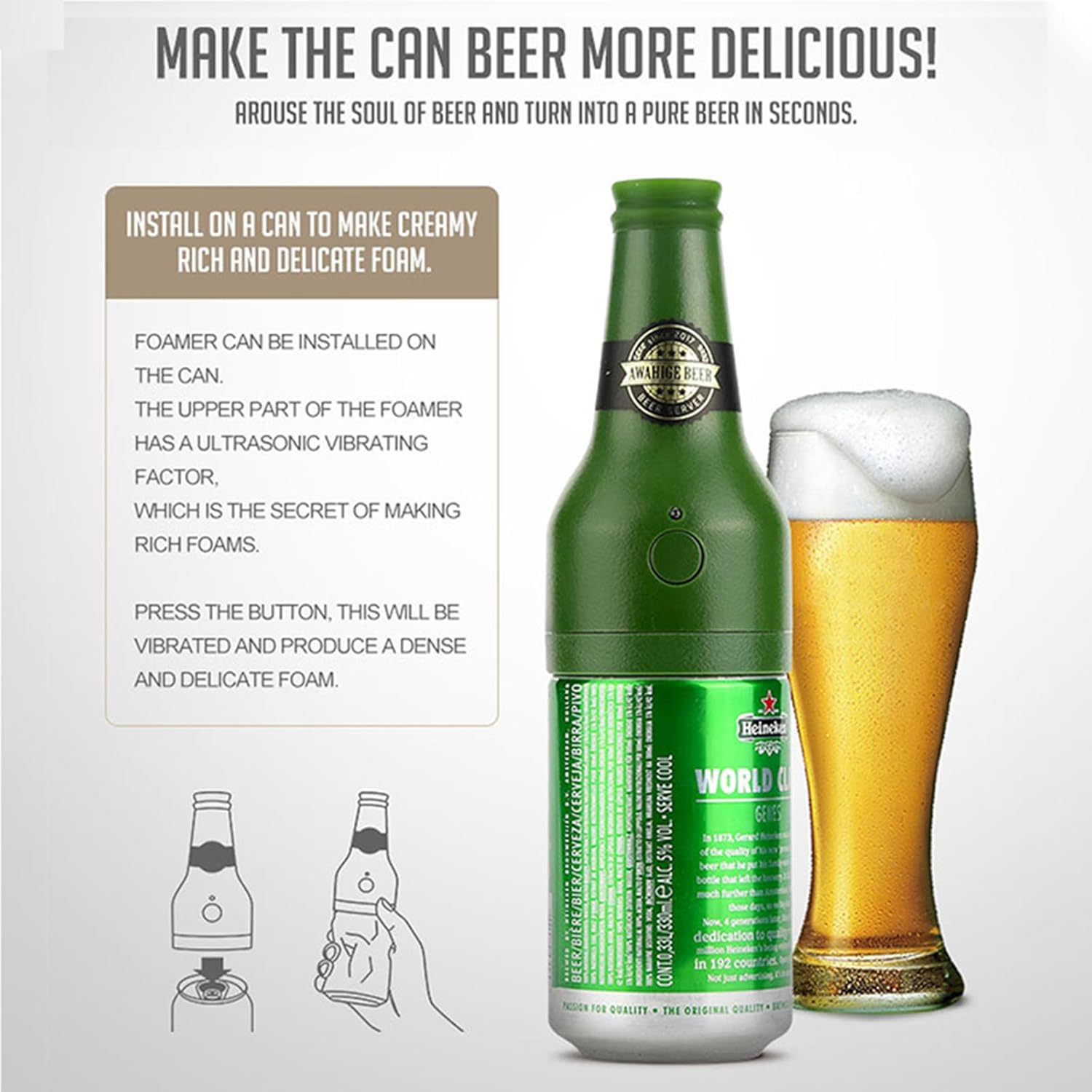 Ultrasonic Wave Canned Beer Foamer Machine, Beer Milk like Foam Frother Handheld Size,Portable Drink Mixer, Fun Beer Accessories Kitchen Gadgets for Men - Green image number 1