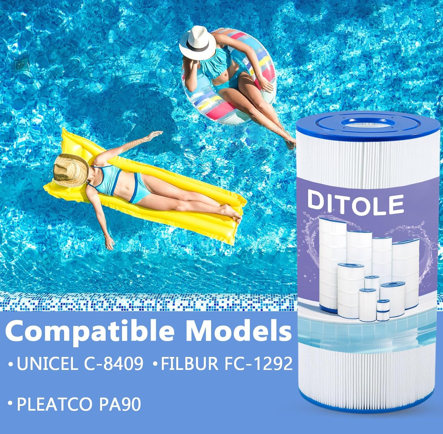 Ditole Pool Filter Cartridge Replaces Hayward C900, CX900RE, PA90, Ultral-B6, Unicel C-8409, Filbur FC-1292, PXC95, Clearwater II Proclean 100, Aladdin 19002, 25230-0095S, 90 Sq (1 Pack) image number 2