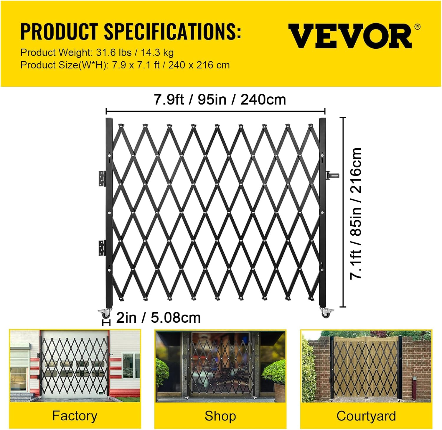 VEVOR Single Folding Security Gate, 85" H X 95" W Folding Door Gate, Steel Accordion Security Gate, Flexible Expanding Security Gate, 360&deg; Rolling Barricade Gate, Scissor Gate/Door with Padlock image number 5