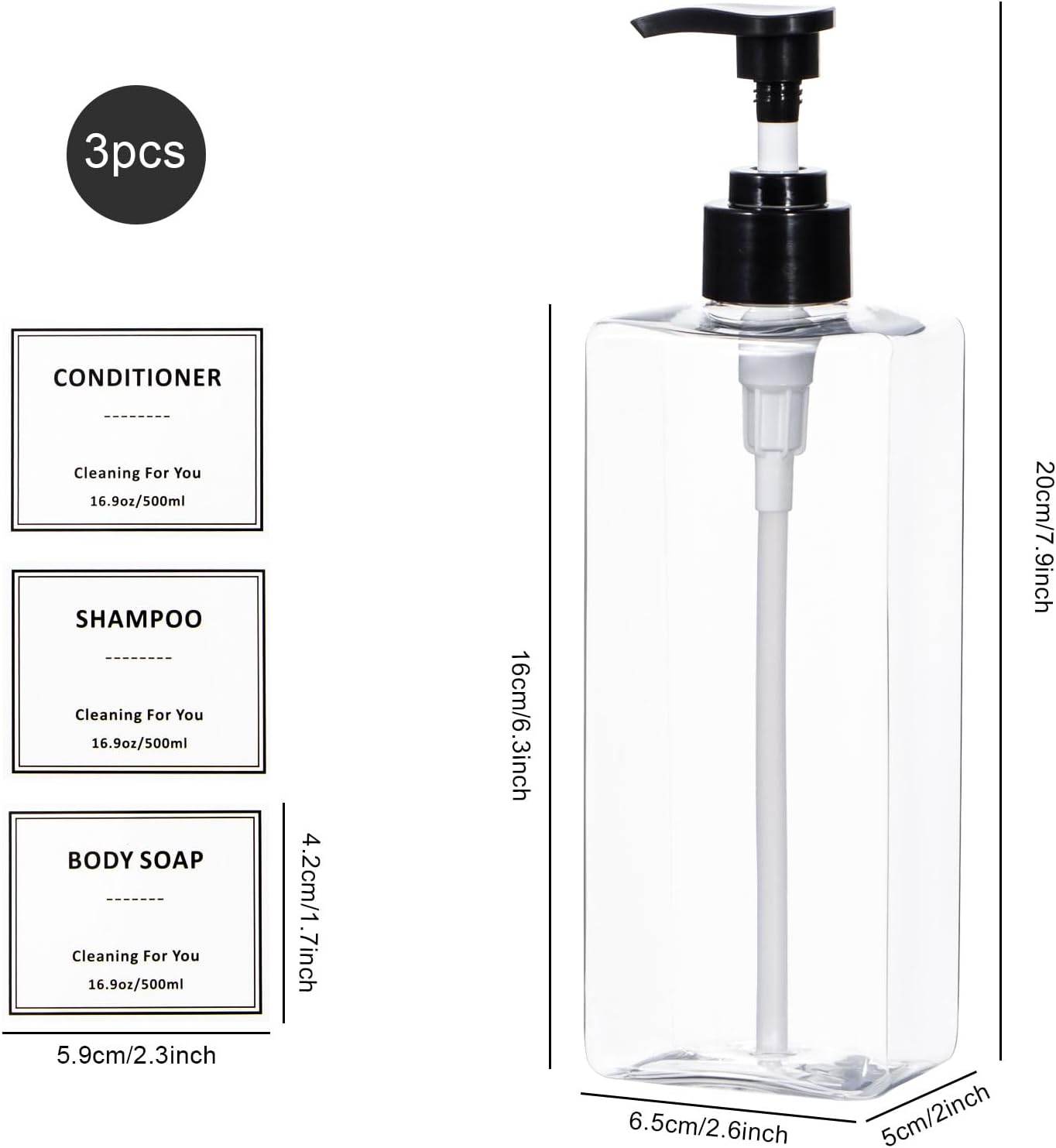 Yeeco Plastic Shampoo and Conditioner Dispenser - Refillable Pump Bottles, 16.9Oz/500Ml, 3 Packs for Bathroom, Kitchen, Hotel - Clear Blue - Clear image number 3