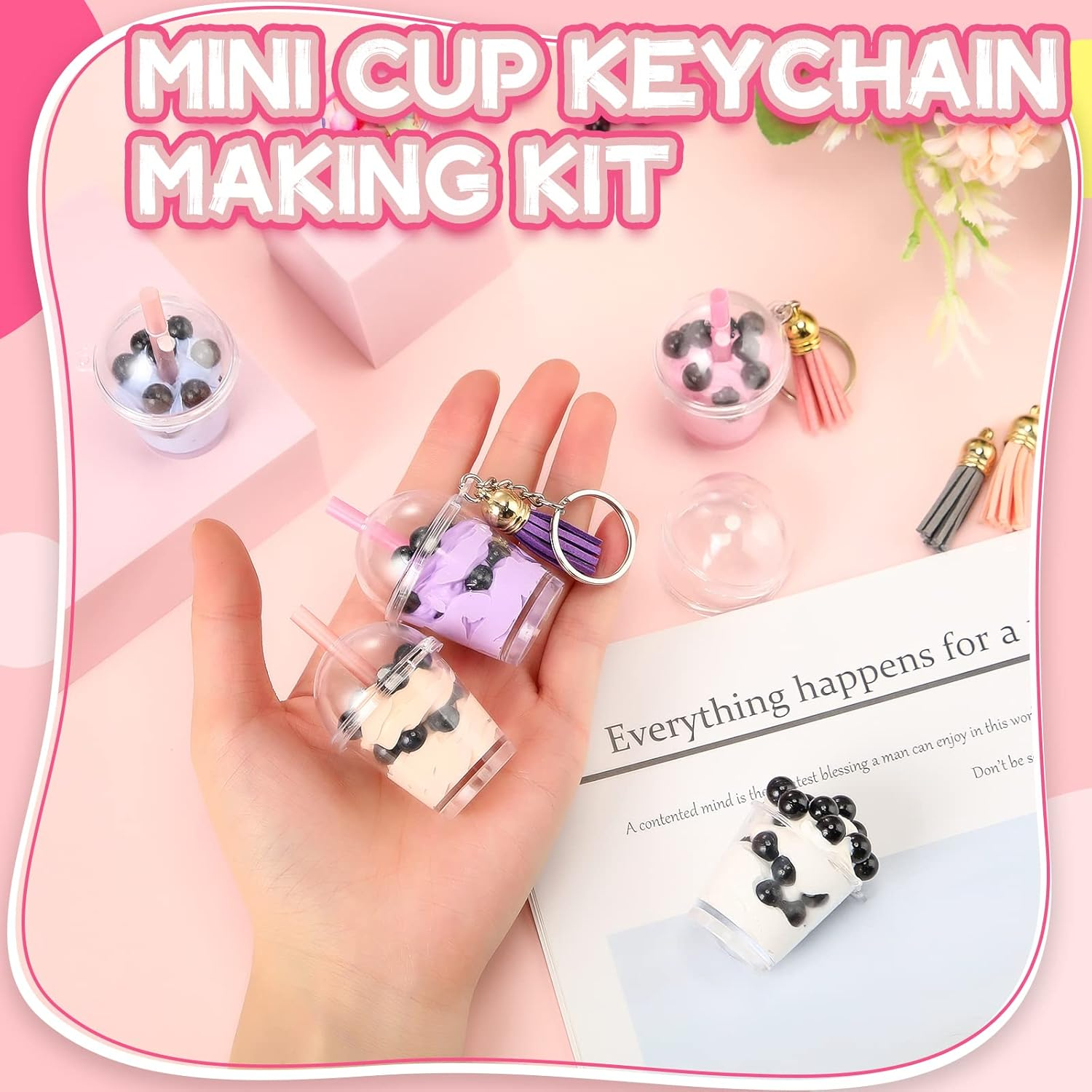 Cunno 348 Pcs Mini Milky Tea Keychain Accessories Bubble Tea Cream Glue Casting Includes 16 Keychain Rings, 16 Mini Cup Pendant Charm with 16 Tassels, 300 Bubble Beads for DIY Crafts image number 2
