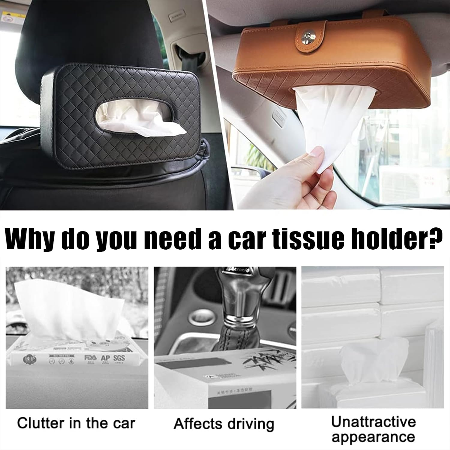 Classic Black PU Leather Car Tissue Holder, Rectangular Wipes Dispenser for Universal Auto, SUV, Model 3, Model Y image number 1